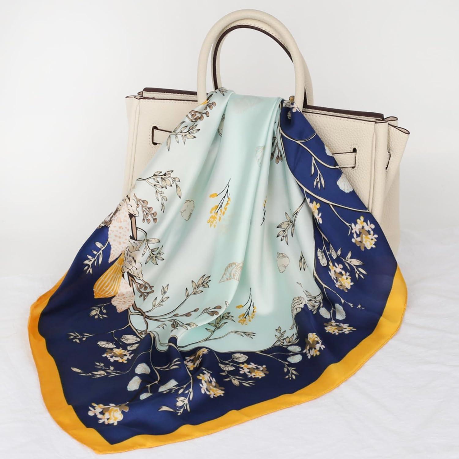 imageEXTREE Fashion Silky Satin Headscarf for Women Girls Exquisite Pattern Lightweight Silk Graceful Scarfs 275 x 275 inchesShell Vine Dark Blue