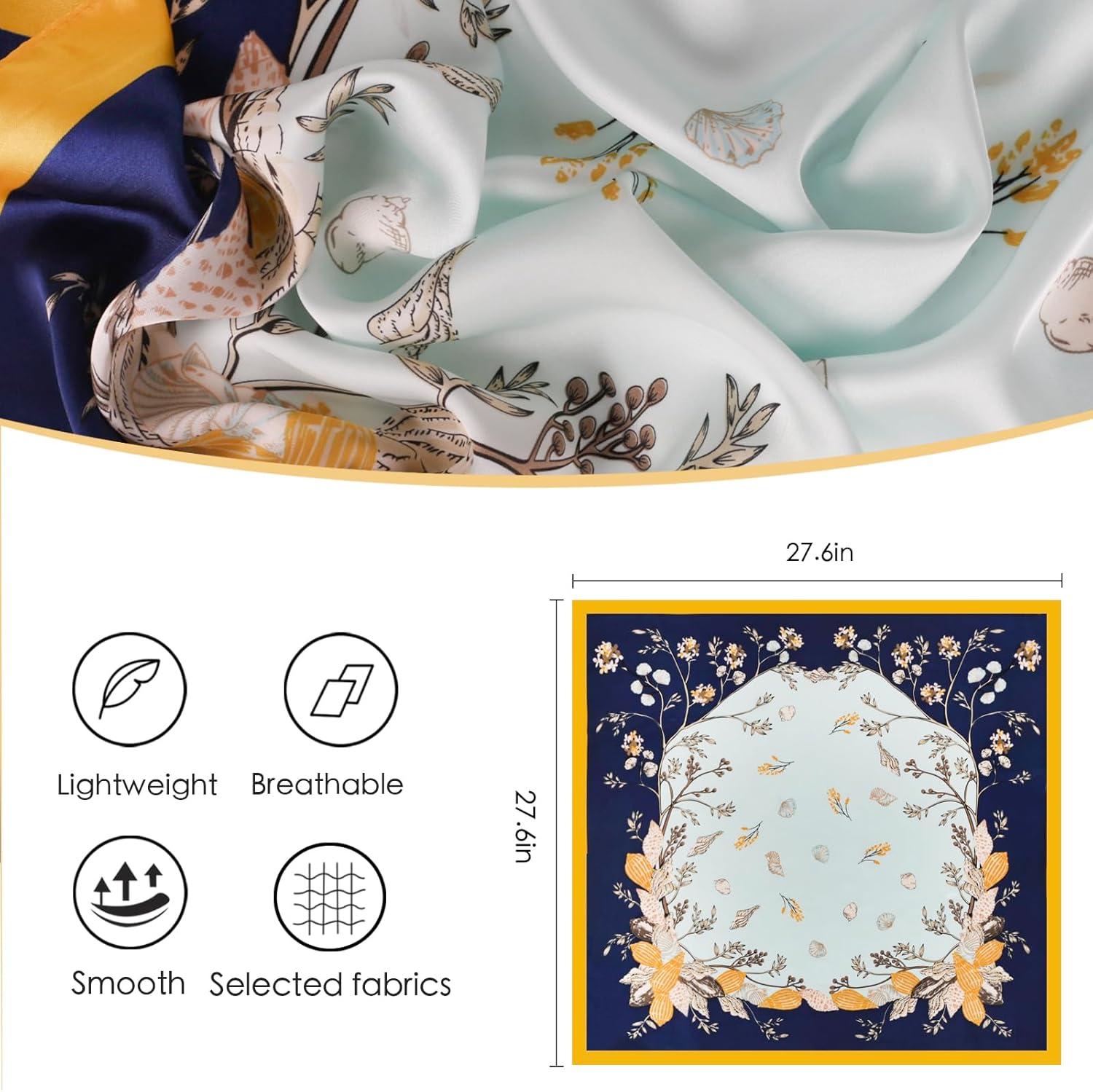 imageEXTREE Fashion Silky Satin Headscarf for Women Girls Exquisite Pattern Lightweight Silk Graceful Scarfs 275 x 275 inchesShell Vine Dark Blue
