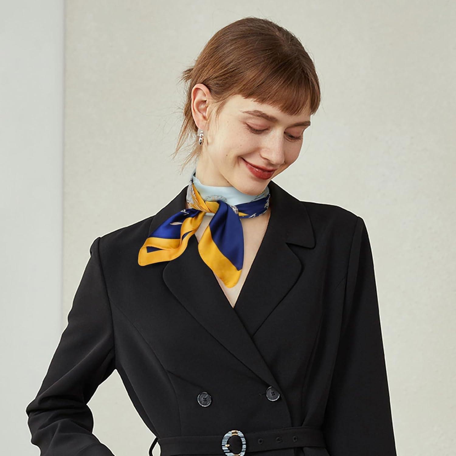 imageEXTREE Fashion Silky Satin Headscarf for Women Girls Exquisite Pattern Lightweight Silk Graceful Scarfs 275 x 275 inchesShell Vine Dark Blue