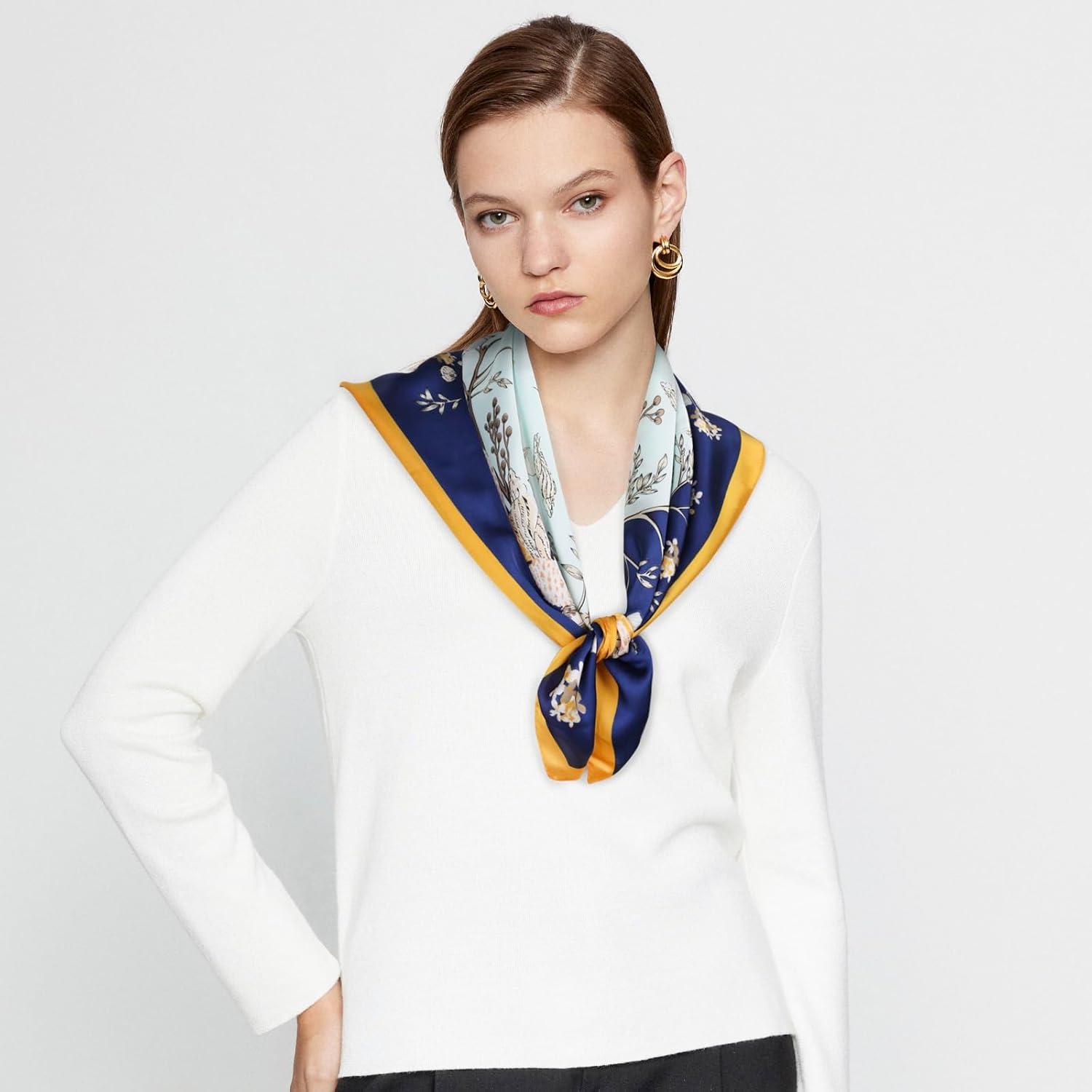 imageEXTREE Fashion Silky Satin Headscarf for Women Girls Exquisite Pattern Lightweight Silk Graceful Scarfs 275 x 275 inchesShell Vine Dark Blue