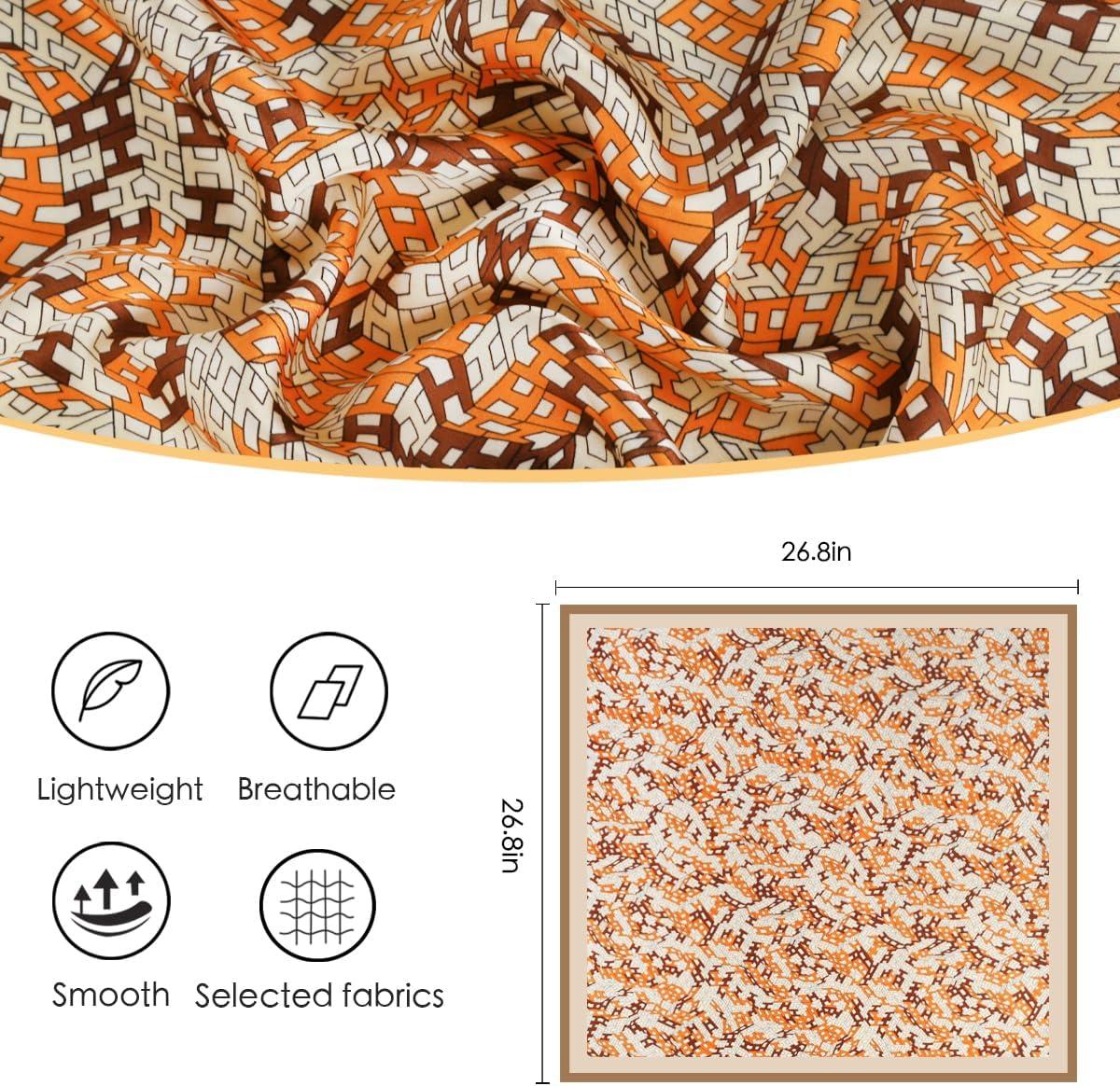 imageEXTREE Fashion Silky Satin Headscarf for Women Girls Exquisite Pattern Lightweight Silk Graceful Scarfs 275 x 275 inchesStitched Letters Brown