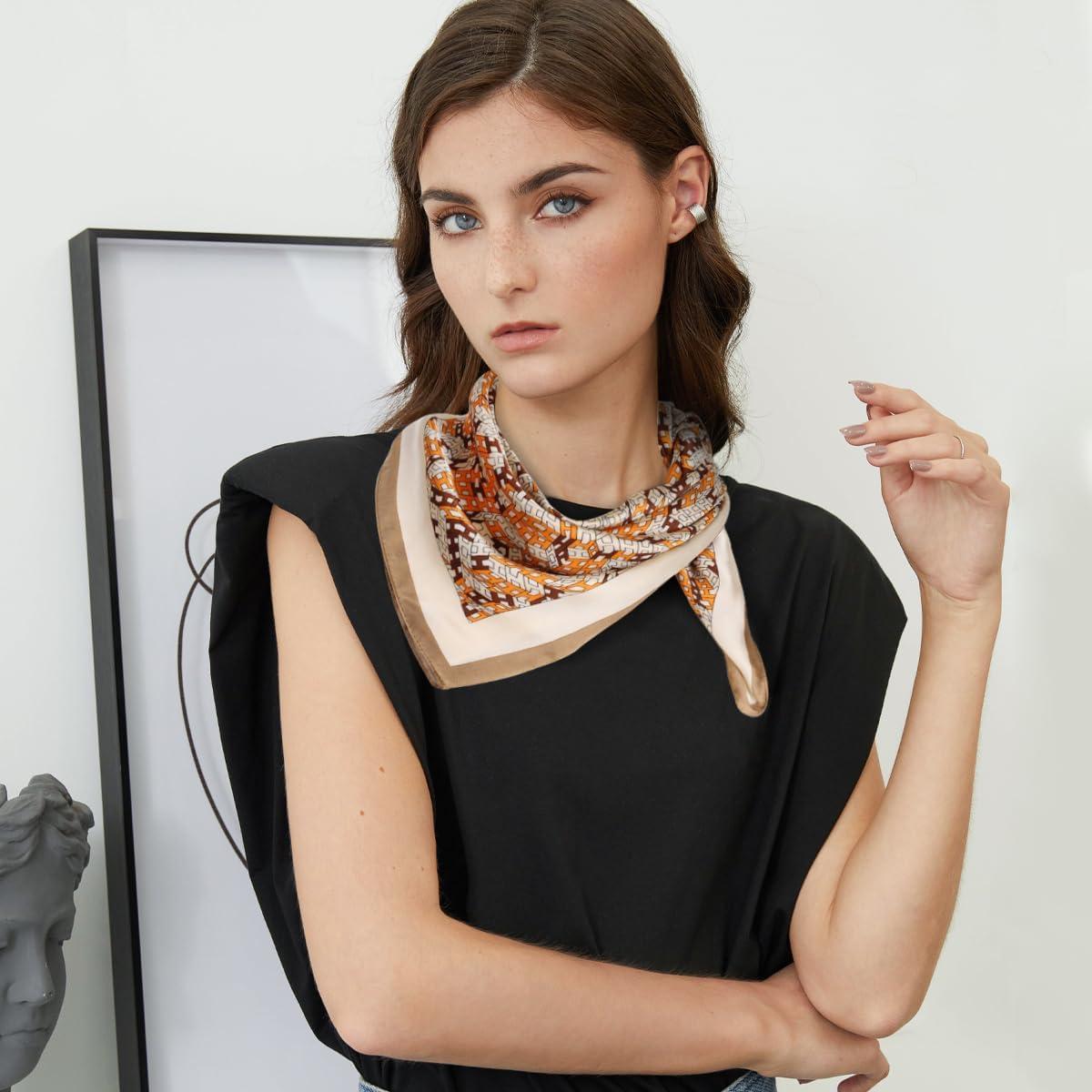 imageEXTREE Fashion Silky Satin Headscarf for Women Girls Exquisite Pattern Lightweight Silk Graceful Scarfs 275 x 275 inchesStitched Letters Brown