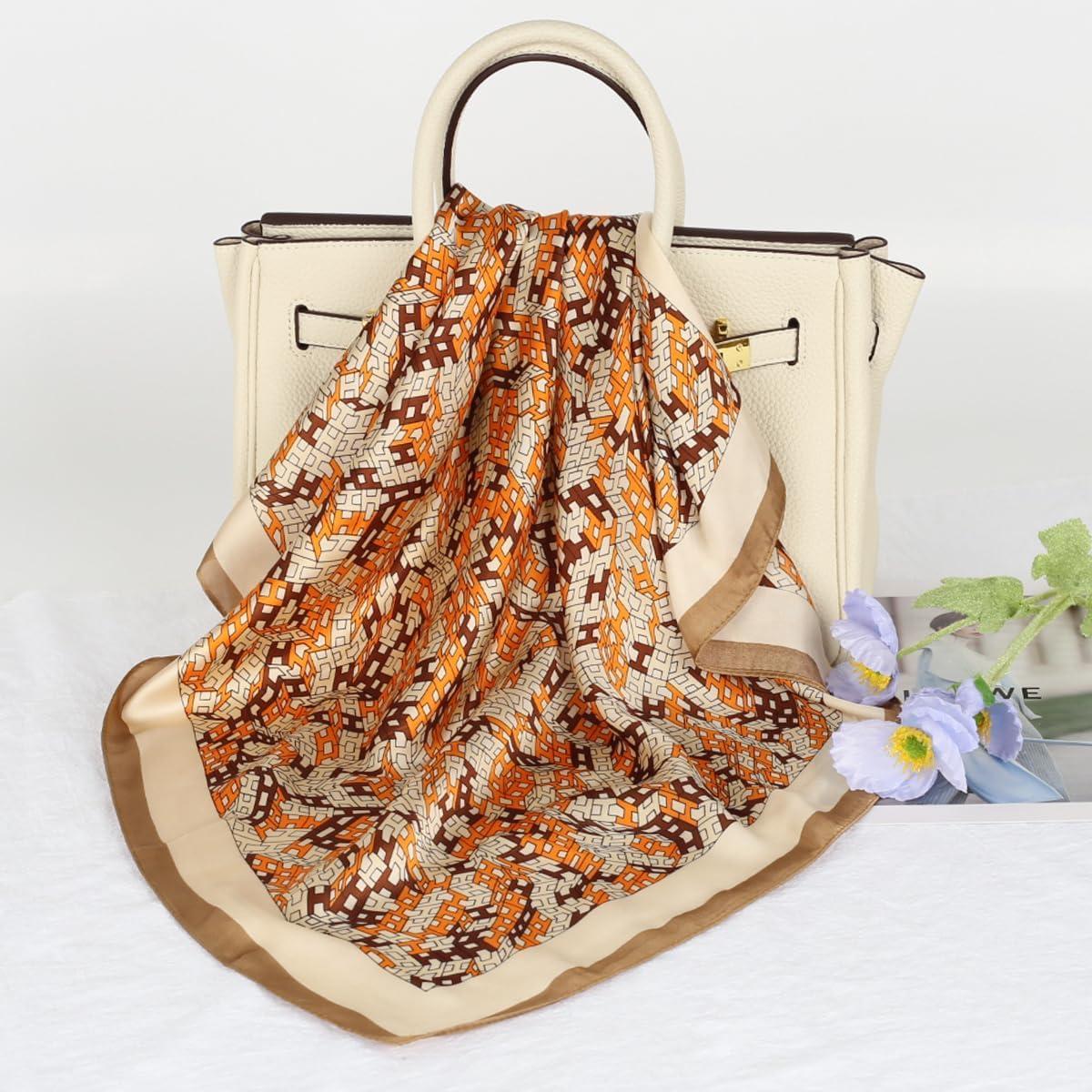 imageEXTREE Fashion Silky Satin Headscarf for Women Girls Exquisite Pattern Lightweight Silk Graceful Scarfs 275 x 275 inchesStitched Letters Brown