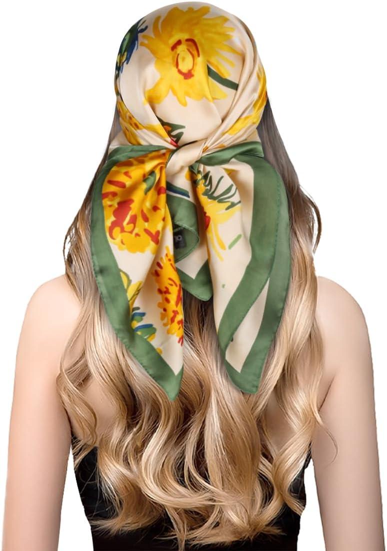 imageEXTREE Fashion Silky Satin Headscarf for Women Girls Exquisite Pattern Lightweight Silk Graceful Scarfs 275 x 275 inchesSunflower Green Edge