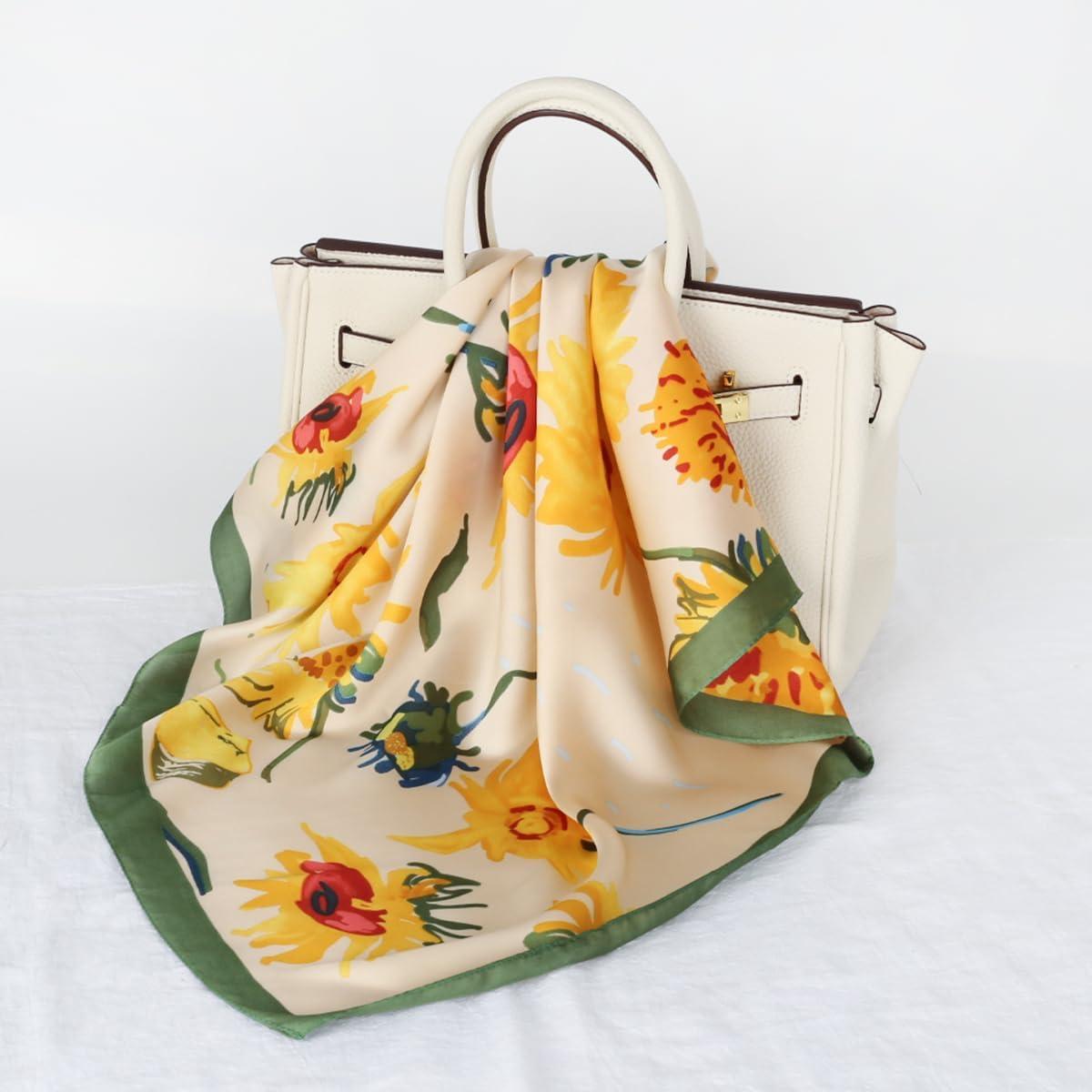 imageEXTREE Fashion Silky Satin Headscarf for Women Girls Exquisite Pattern Lightweight Silk Graceful Scarfs 275 x 275 inchesSunflower Green Edge