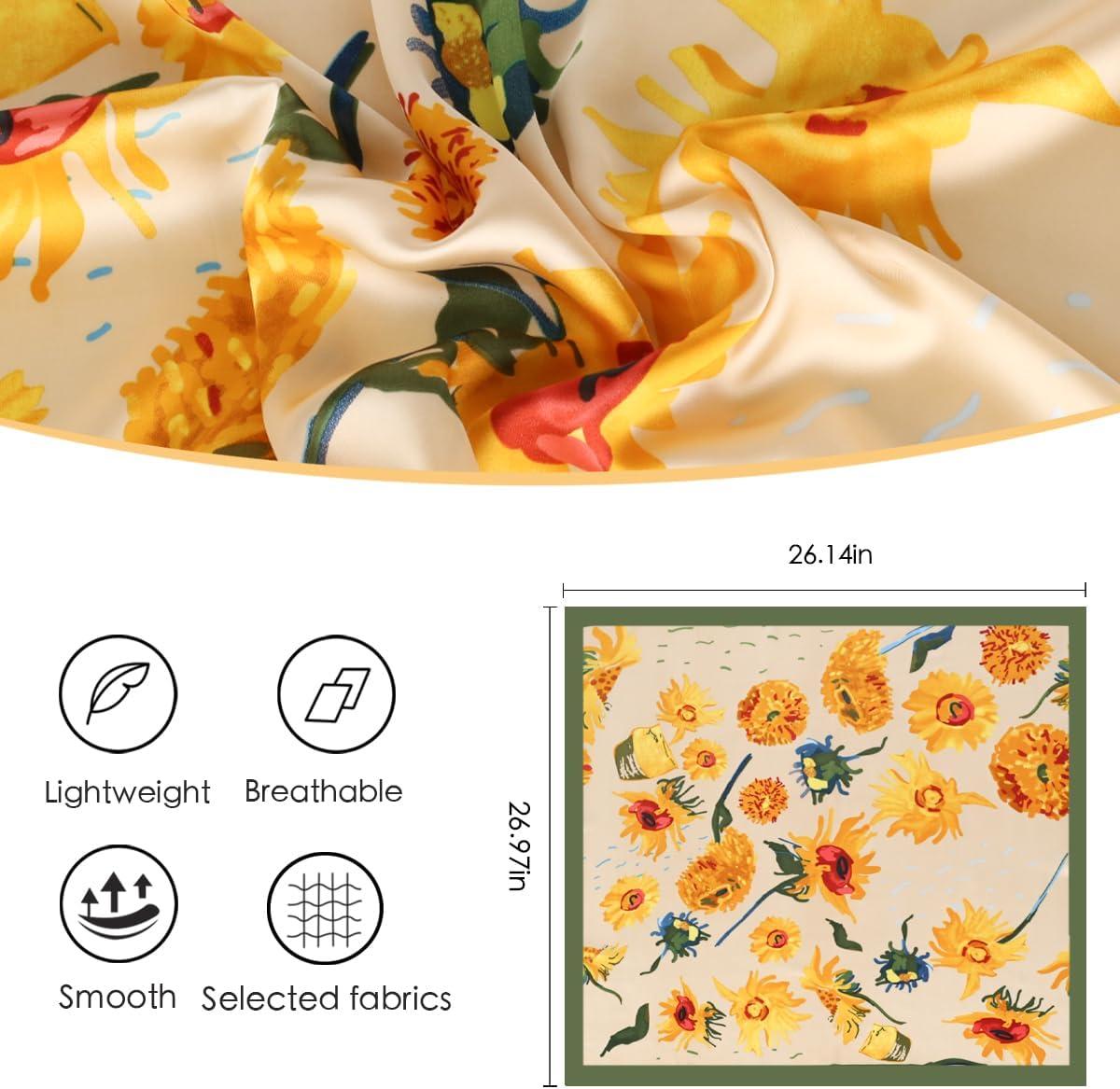 imageEXTREE Fashion Silky Satin Headscarf for Women Girls Exquisite Pattern Lightweight Silk Graceful Scarfs 275 x 275 inchesSunflower Green Edge