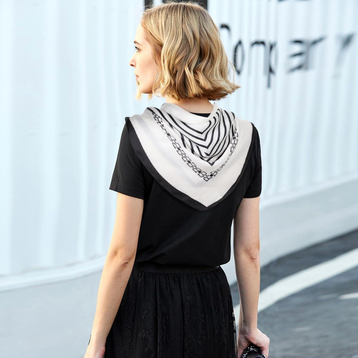 imageEXTREE Fashion Silky Satin Headscarf for Women Girls Exquisite Pattern Lightweight Silk Graceful Scarfs 275 x 275 inchesTemperament Stripes Beige