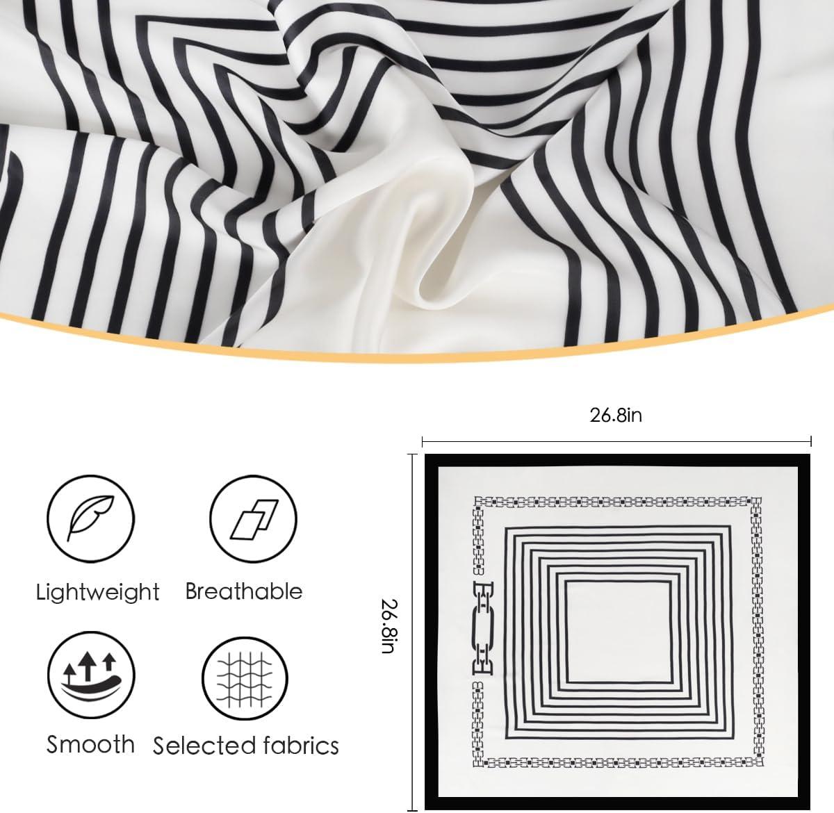 imageEXTREE Fashion Silky Satin Headscarf for Women Girls Exquisite Pattern Lightweight Silk Graceful Scarfs 275 x 275 inchesTemperament Stripes Beige