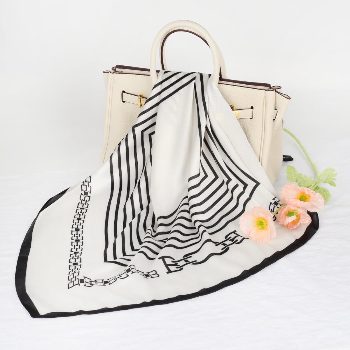 imageEXTREE Fashion Silky Satin Headscarf for Women Girls Exquisite Pattern Lightweight Silk Graceful Scarfs 275 x 275 inchesTemperament Stripes Beige