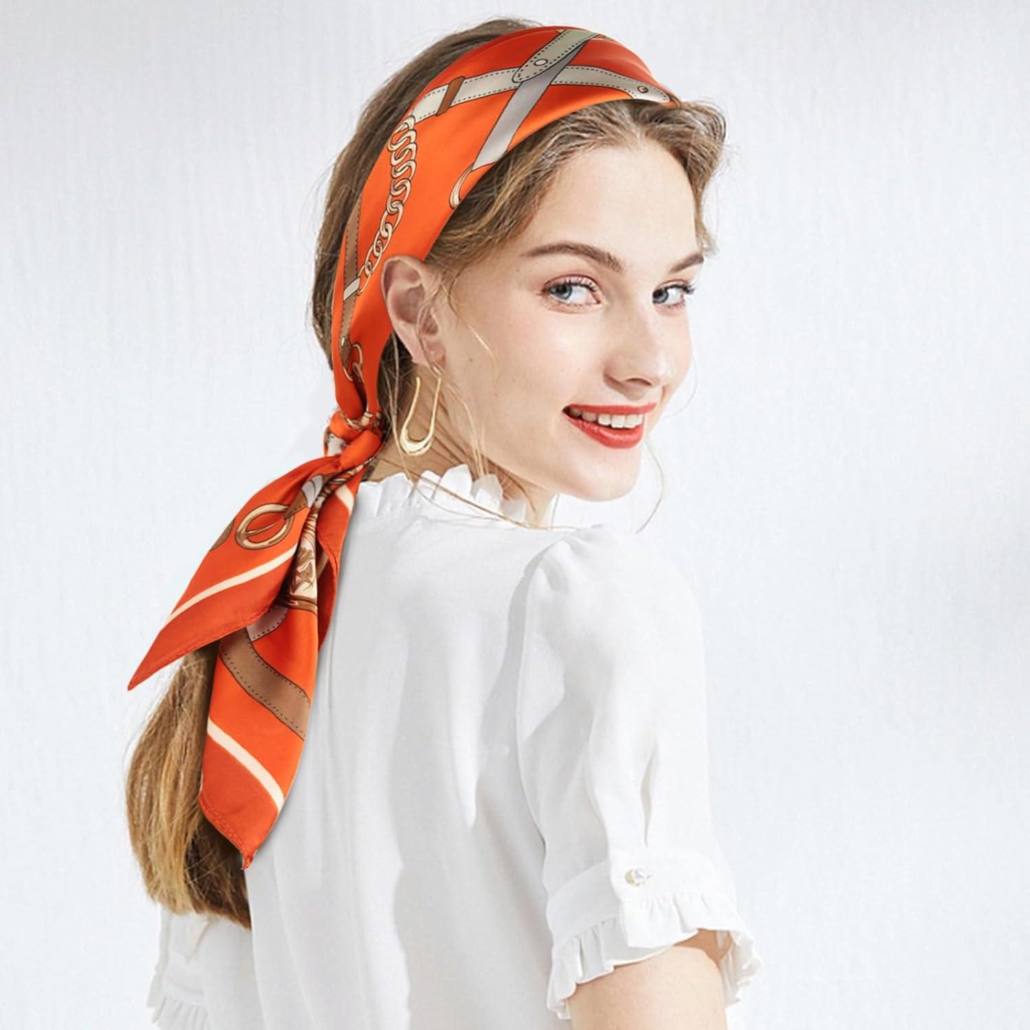 imageEXTREE Fashion Silky Satin Headscarf for Women Girls Exquisite Pattern Lightweight Silk Graceful Scarfs 275 x 275 inchesToken Leather Buckle Orange Bottom
