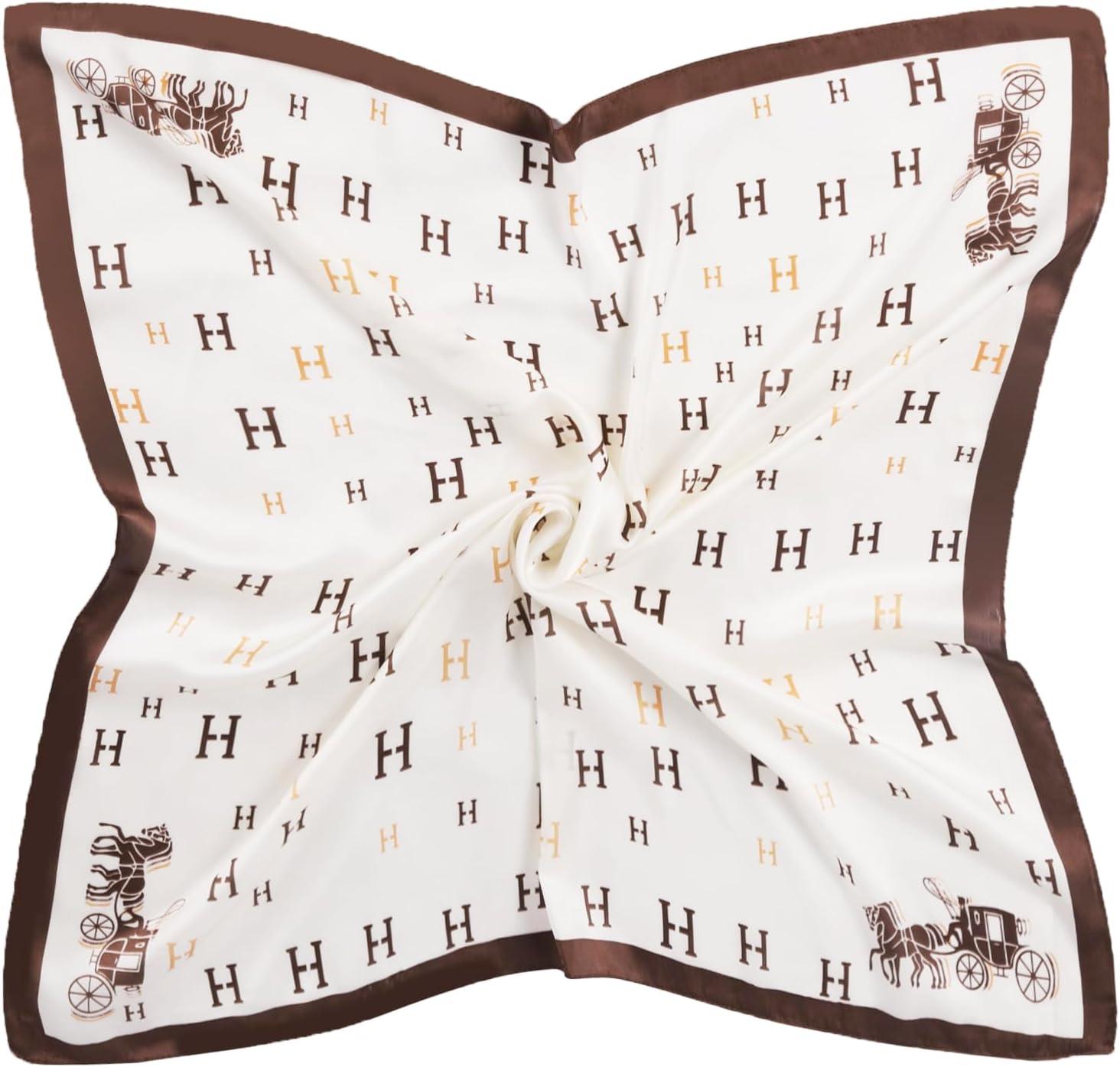 imageEXTREE Fashion Silky Satin Headscarf for Women Girls Exquisite Pattern Lightweight Silk Graceful Scarfs 275 x 275 inchesWhite Horse Bottom Brown