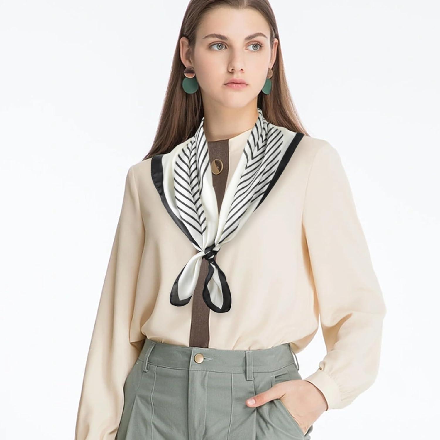 imageEXTREE Fashion Silky Satin Headscarf for Women Girls Exquisite Pattern Lightweight Silk Graceful Scarfs 275 x 275 inchesWide Stripes White