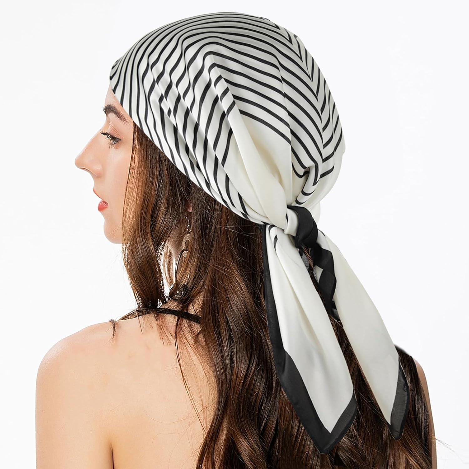 imageEXTREE Fashion Silky Satin Headscarf for Women Girls Exquisite Pattern Lightweight Silk Graceful Scarfs 275 x 275 inchesWide Stripes White
