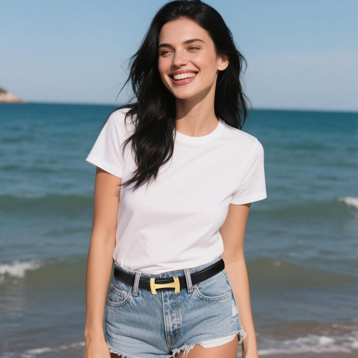 imageEXTREE Gold Buckle Belts for Women Fashion Waist Band Elegant Ladies Belt Gift for WomenIdeal for Dresses JeansDesign Gold Buckle Black Leather