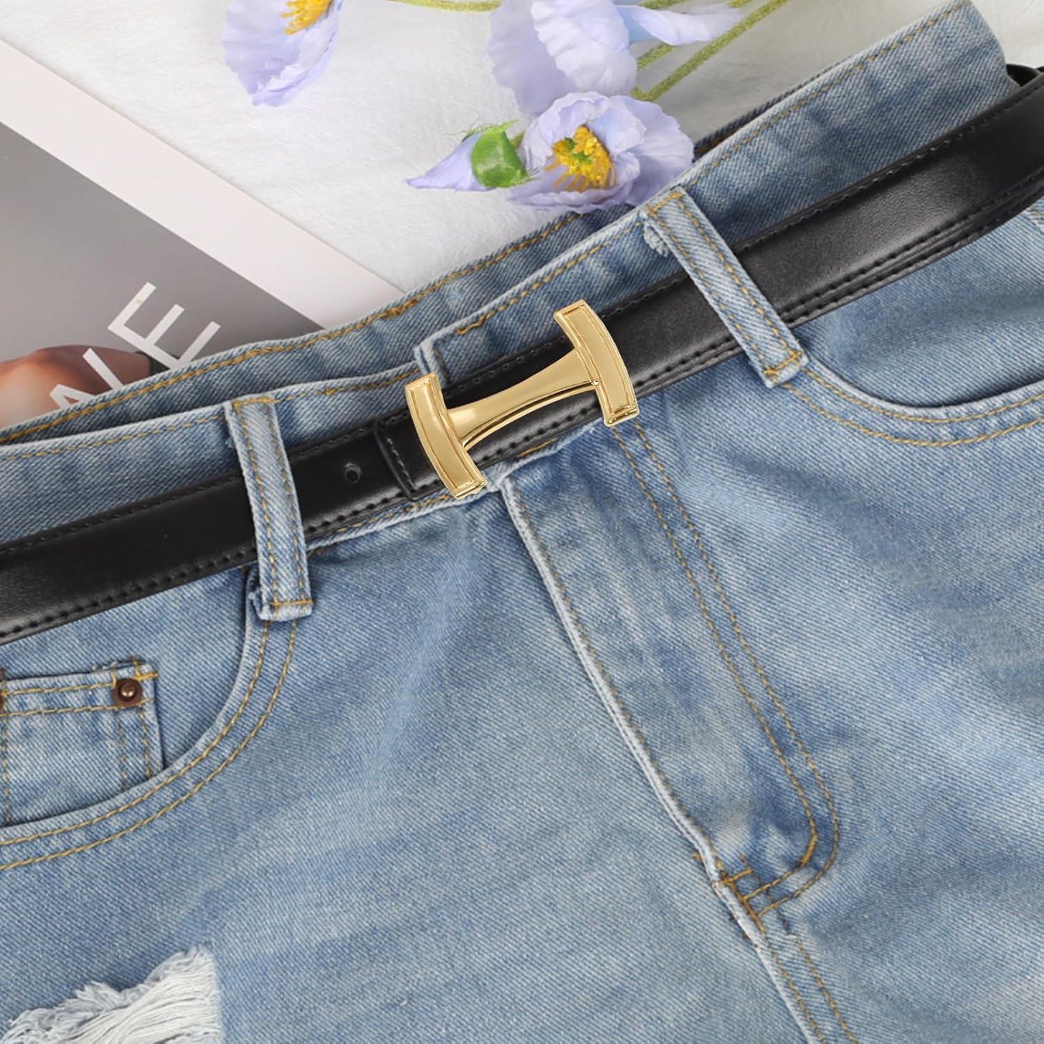 imageEXTREE Gold Buckle Belts for Women Fashion Waist Band Elegant Ladies Belt Gift for WomenIdeal for Dresses JeansDesign Gold Buckle Black Leather