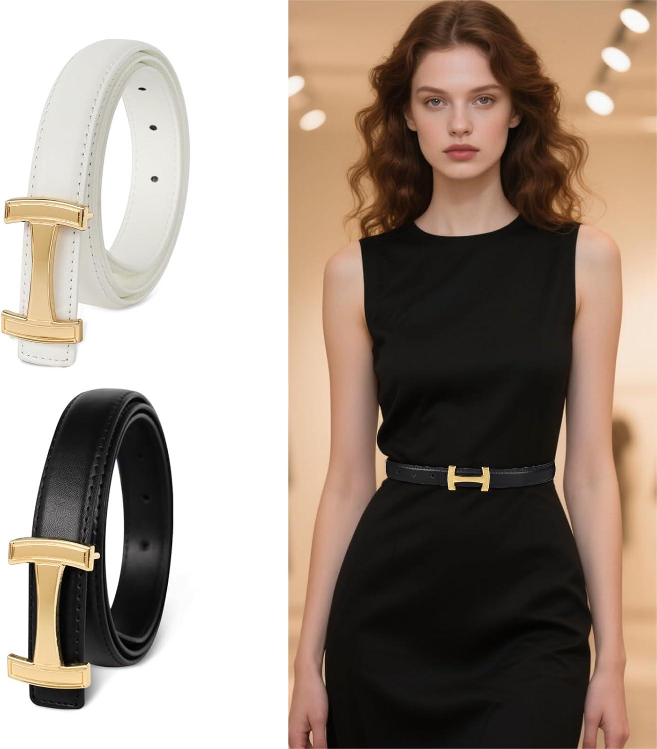 imageEXTREE Gold Buckle Belts for Women Fashion Waist Band Elegant Ladies Belt Gift for WomenIdeal for Dresses JeansDesign Gold Buckle Black Leather