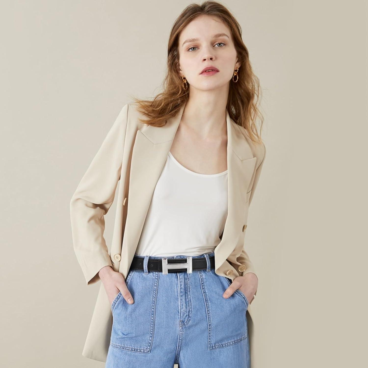 imageEXTREE Gold Buckle Belts for Women Fashion Waist Band Elegant Ladies Belt Gift for WomenIdeal for Dresses JeansSilver Plated Black Leather