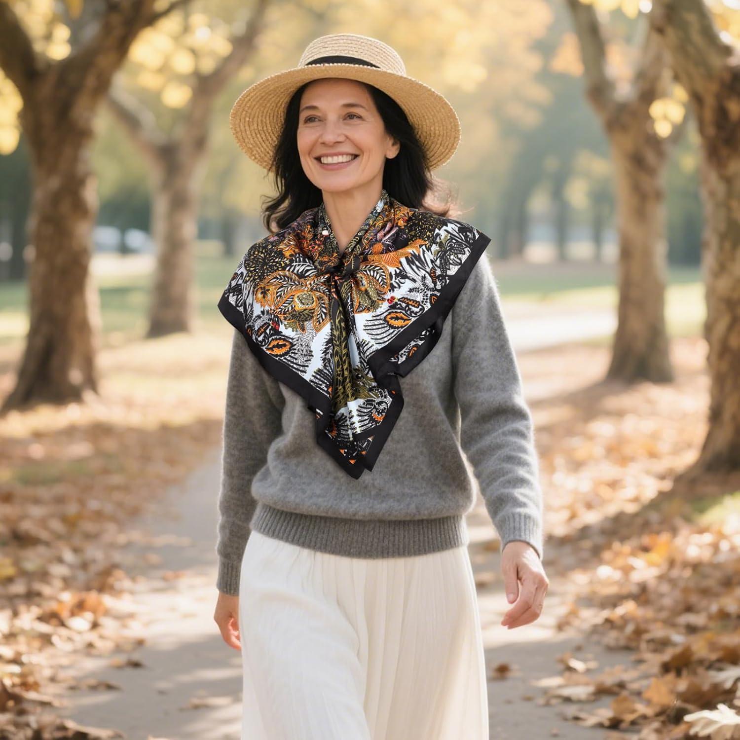 imageEXTREE Luxury Satin Head Scarf 35x35  Silklike Wrap for Women Versatile ShawlSun CoverWrapping Premium Gift for HerBlack Jungle Bush