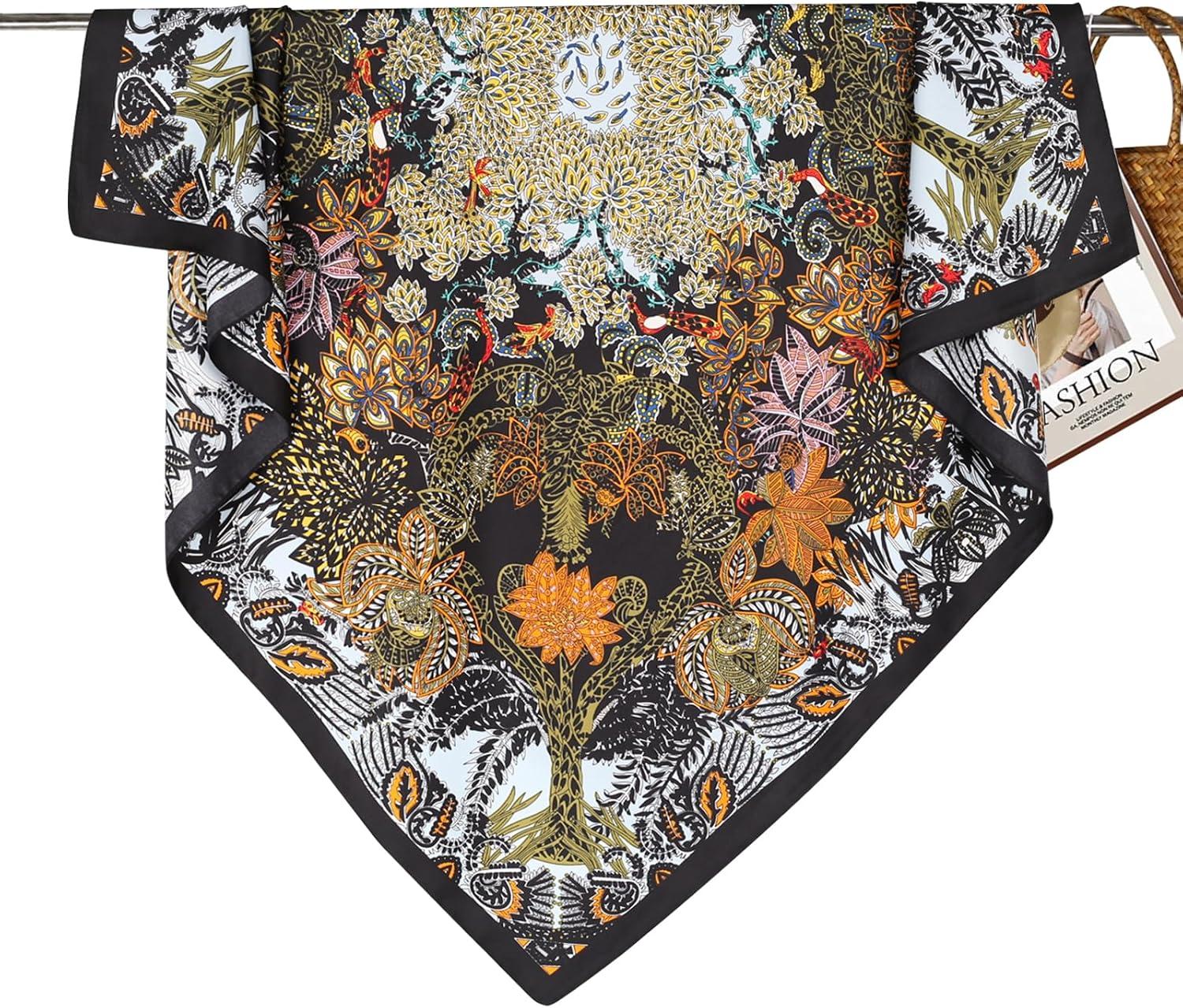 imageEXTREE Luxury Satin Head Scarf 35x35  Silklike Wrap for Women Versatile ShawlSun CoverWrapping Premium Gift for HerBlack Jungle Bush