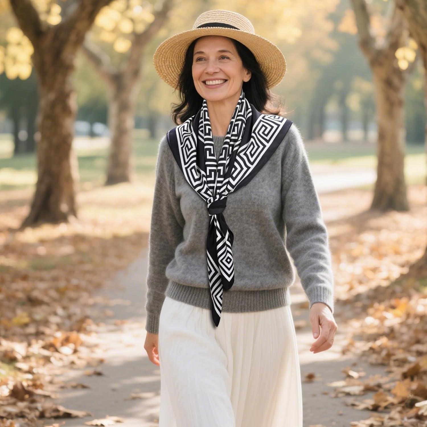 imageEXTREE Luxury Satin Head Scarf 35x35  Silklike Wrap for Women Versatile ShawlSun CoverWrapping Premium Gift for HerBlack and White Huizi Pattern