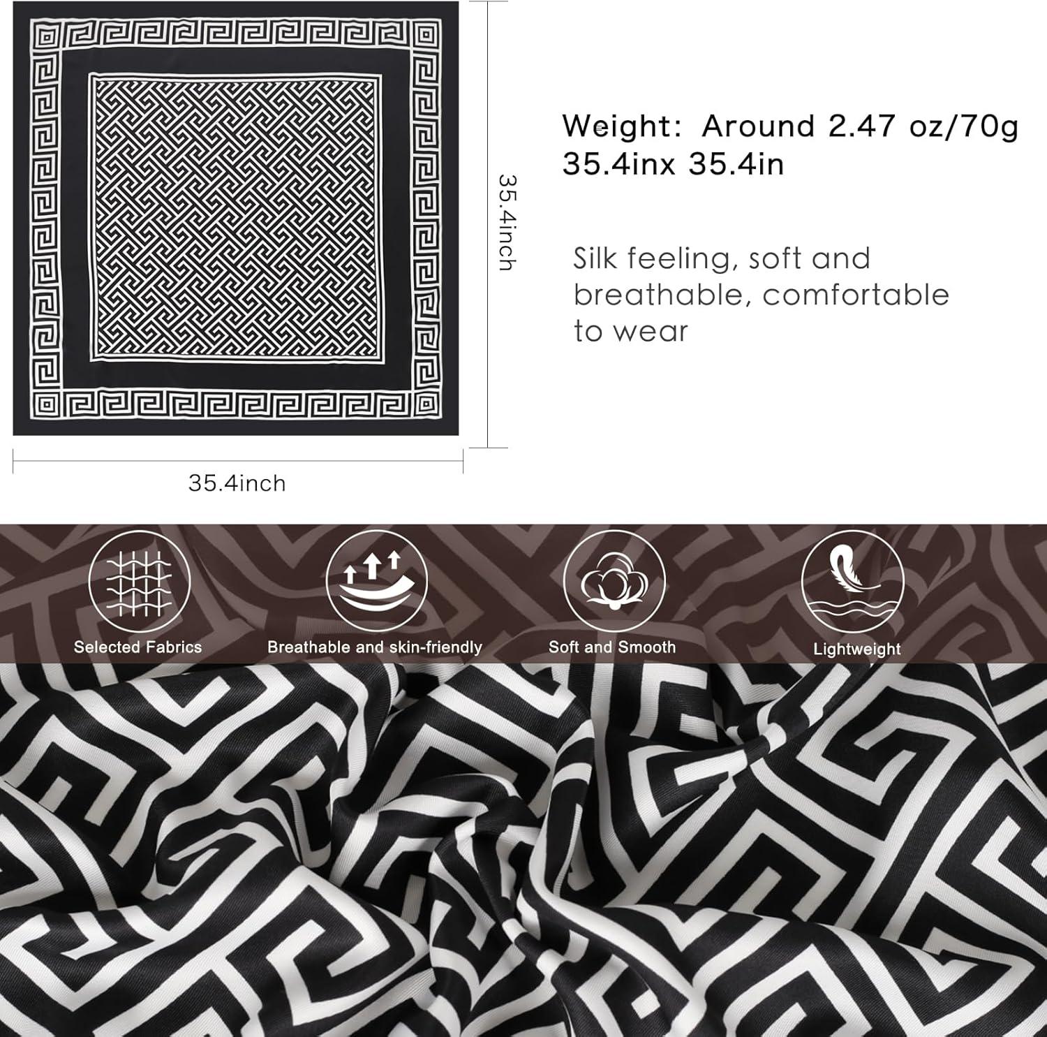 imageEXTREE Luxury Satin Head Scarf 35x35  Silklike Wrap for Women Versatile ShawlSun CoverWrapping Premium Gift for HerBlack and White Huizi Pattern