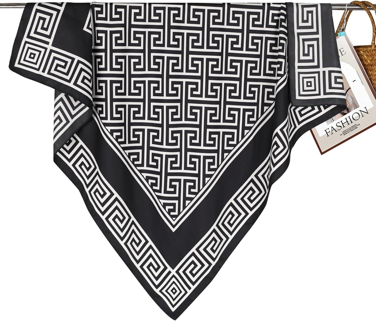 imageEXTREE Luxury Satin Head Scarf 35x35  Silklike Wrap for Women Versatile ShawlSun CoverWrapping Premium Gift for HerBlack and White Huizi Pattern