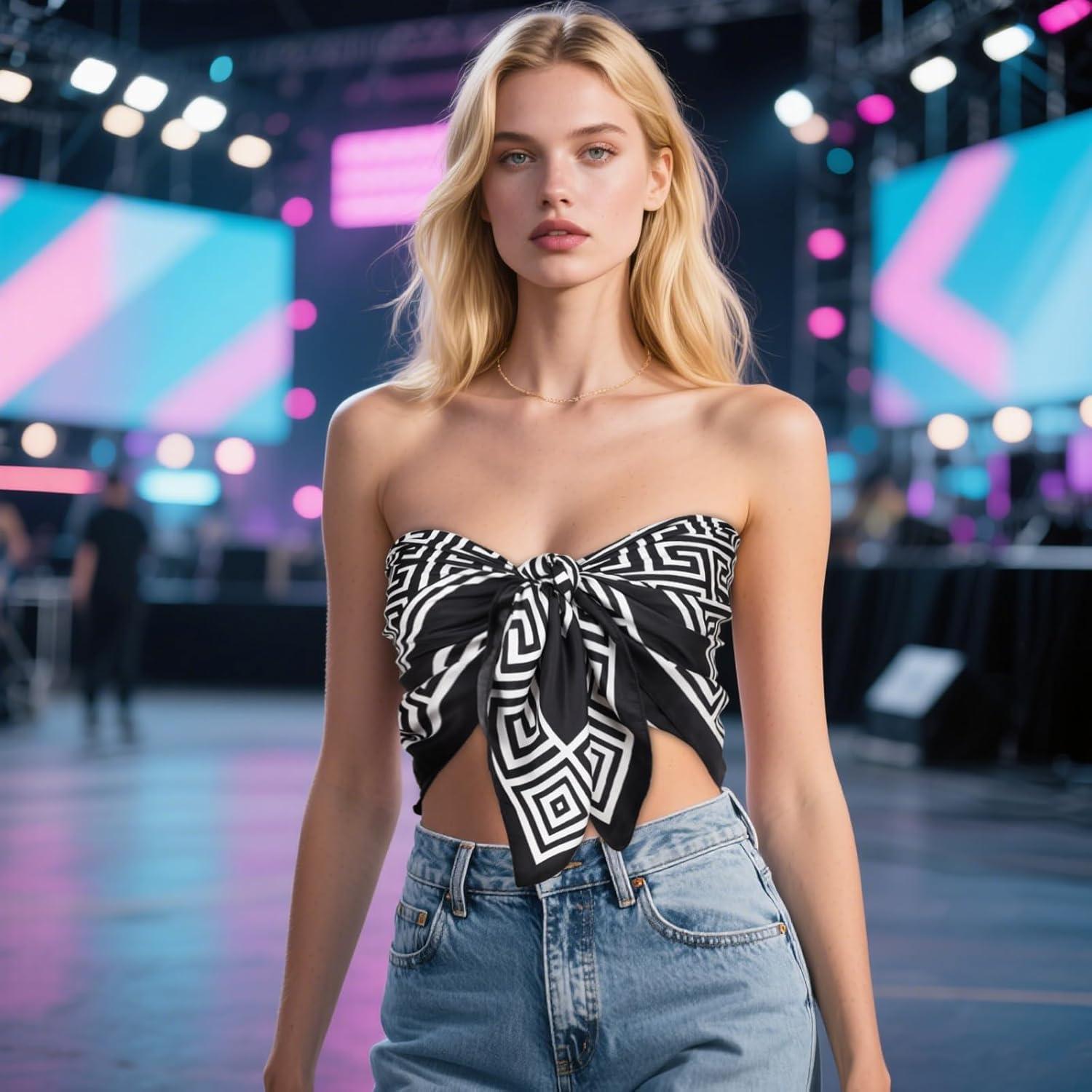 imageEXTREE Luxury Satin Head Scarf 35x35  Silklike Wrap for Women Versatile ShawlSun CoverWrapping Premium Gift for HerBlack and White Huizi Pattern