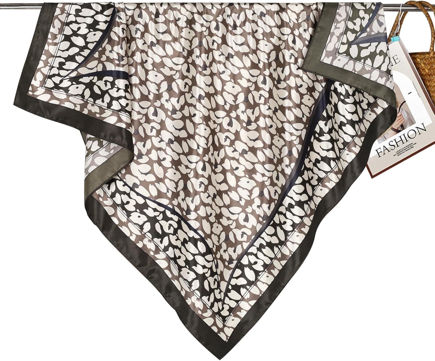 imageEXTREE Luxury Satin Head Scarf 35x35  Silklike Wrap for Women Versatile ShawlSun CoverWrapping Premium Gift for HerBlackedged Leopard Print