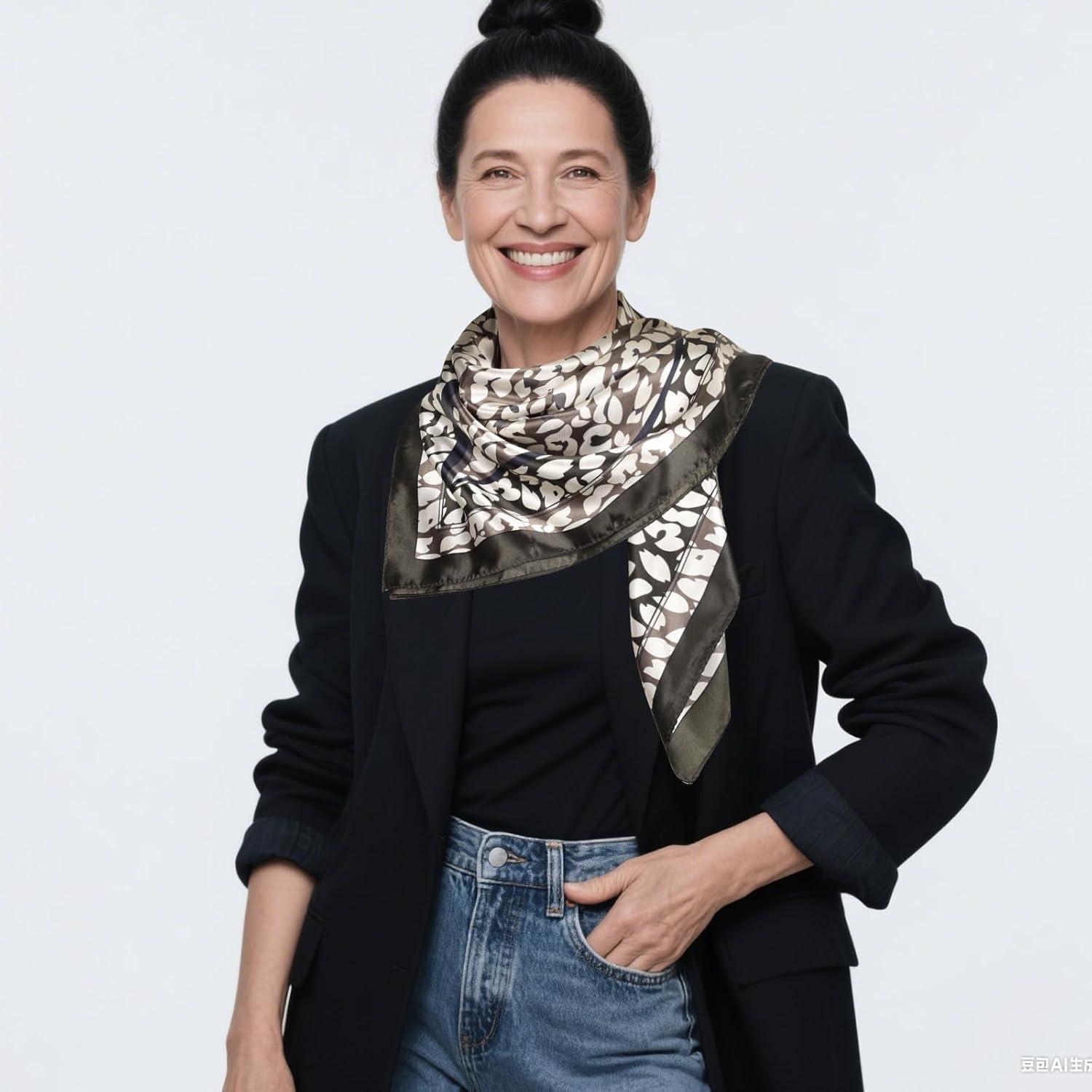 imageEXTREE Luxury Satin Head Scarf 35x35  Silklike Wrap for Women Versatile ShawlSun CoverWrapping Premium Gift for HerBlackedged Leopard Print