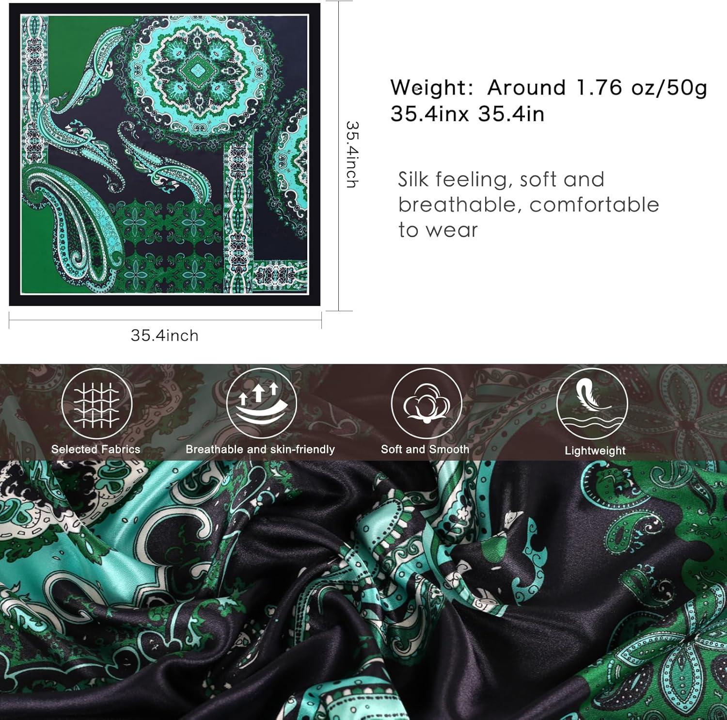 imageEXTREE Luxury Satin Head Scarf 35x35  Silklike Wrap for Women Versatile ShawlSun CoverWrapping Premium Gift for HerBohemian Retro Green