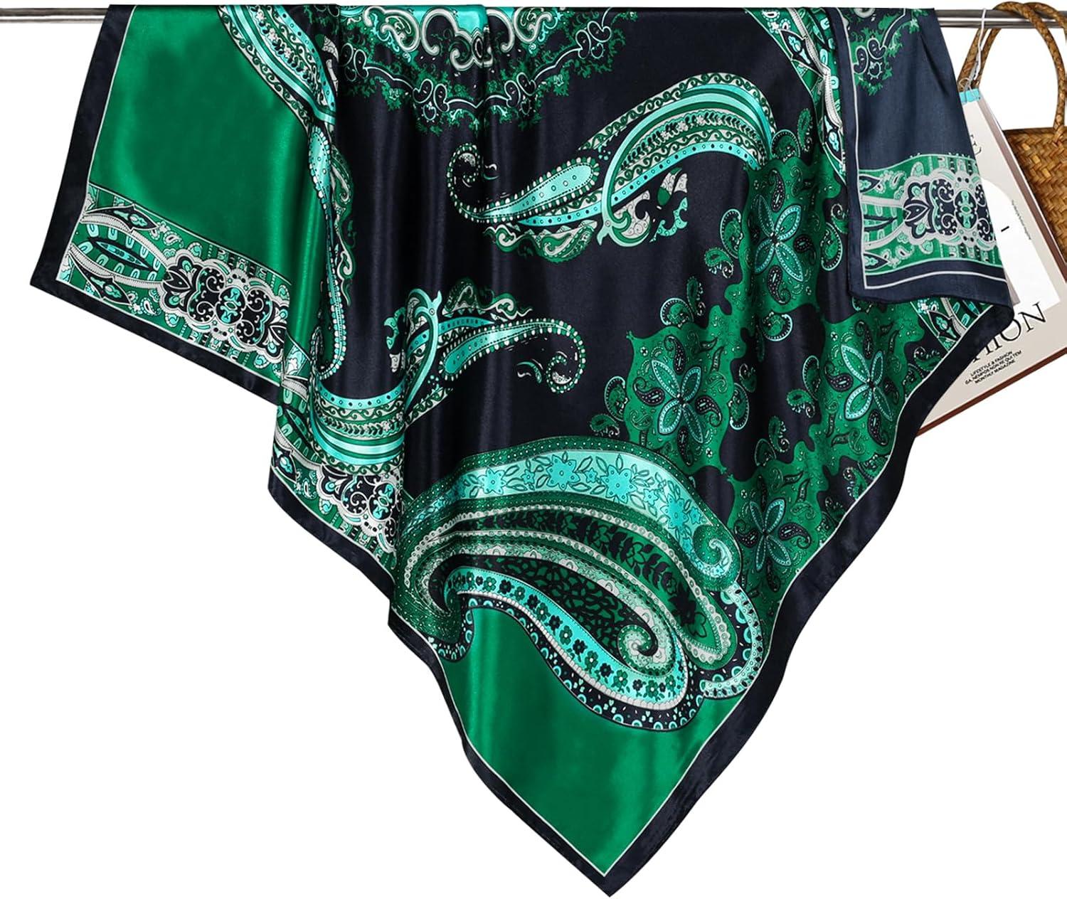 imageEXTREE Luxury Satin Head Scarf 35x35  Silklike Wrap for Women Versatile ShawlSun CoverWrapping Premium Gift for HerBohemian Retro Green
