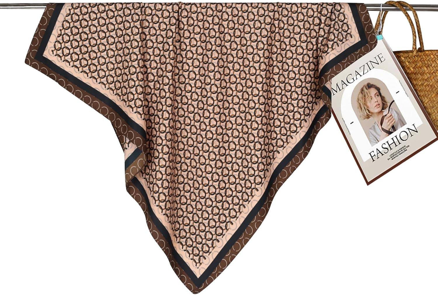 imageEXTREE Luxury Satin Head Scarf 35x35  Silklike Wrap for Women Versatile ShawlSun CoverWrapping Premium Gift for HerBrown Circle Pattern