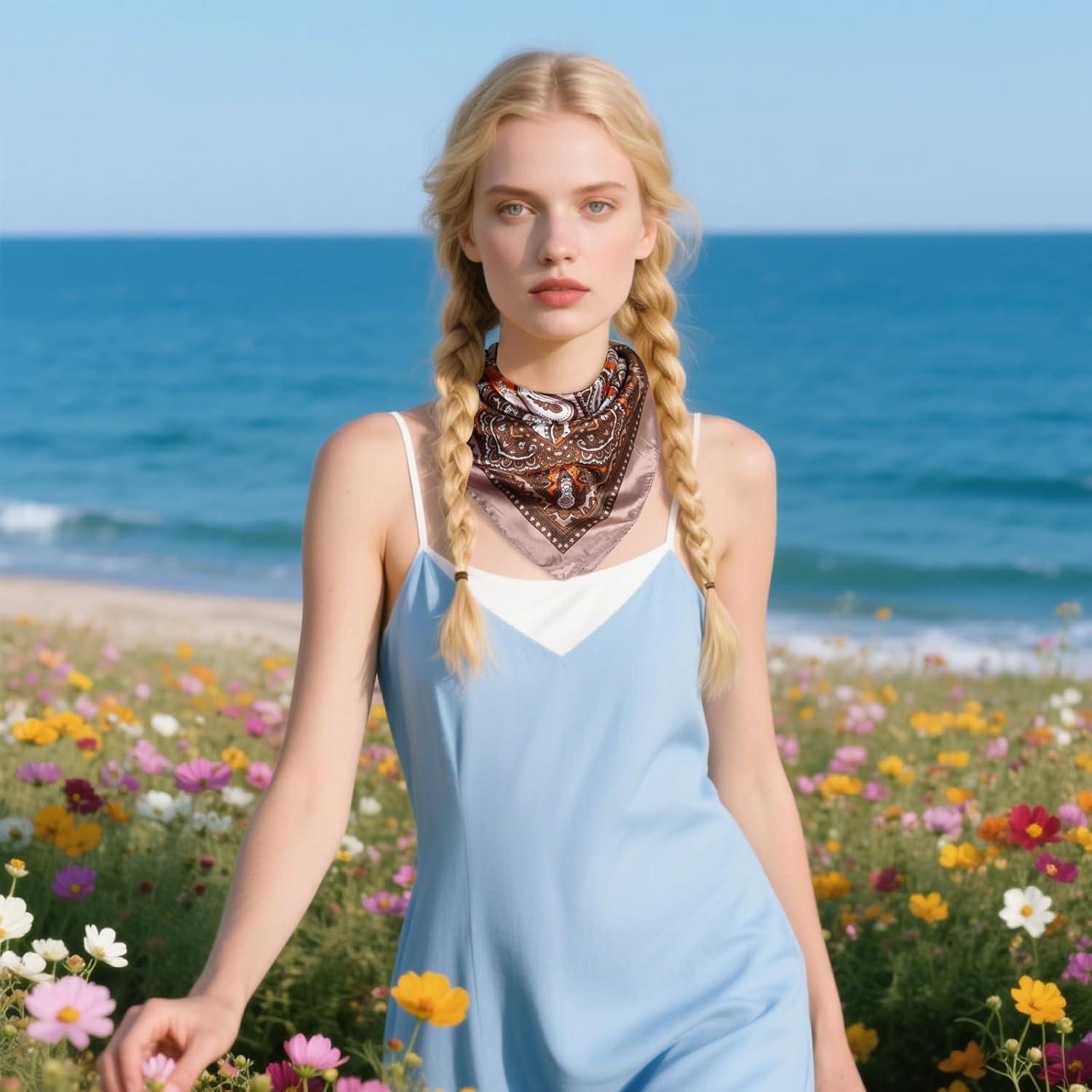 imageEXTREE Luxury Satin Head Scarf 35x35  Silklike Wrap for Women Versatile ShawlSun CoverWrapping Premium Gift for HerDouble Cashew Orange