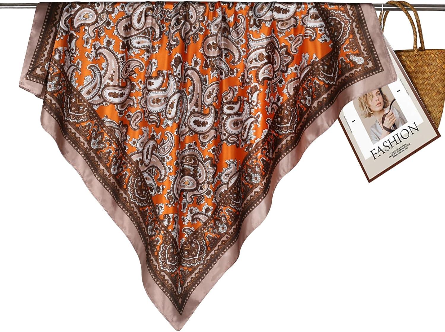 imageEXTREE Luxury Satin Head Scarf 35x35  Silklike Wrap for Women Versatile ShawlSun CoverWrapping Premium Gift for HerDouble Cashew Orange
