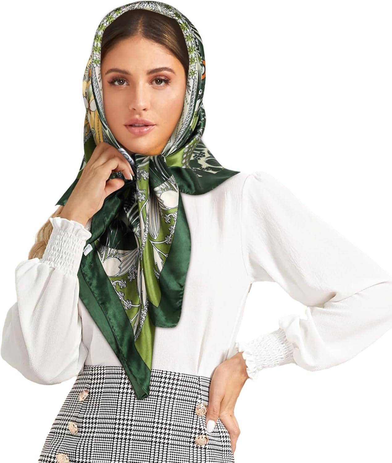imageEXTREE Luxury Satin Head Scarf 35x35  Silklike Wrap for Women Versatile ShawlSun CoverWrapping Premium Gift for HerGreen Jungle