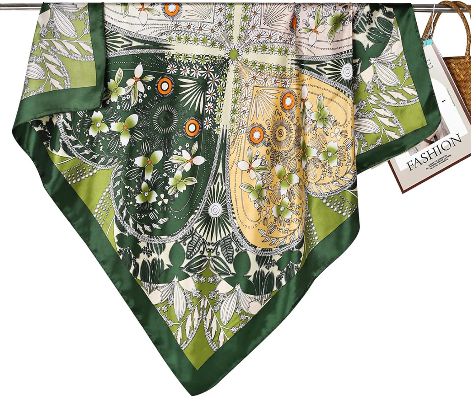 imageEXTREE Luxury Satin Head Scarf 35x35  Silklike Wrap for Women Versatile ShawlSun CoverWrapping Premium Gift for HerGreen Jungle