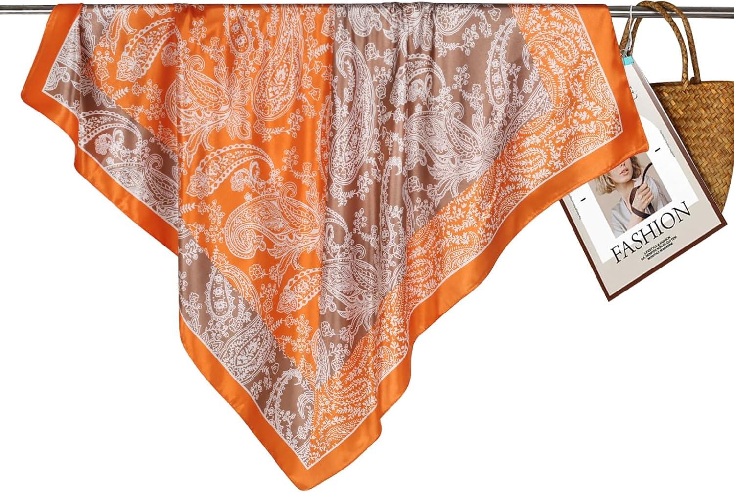 imageEXTREE Luxury Satin Head Scarf 35x35  Silklike Wrap for Women Versatile ShawlSun CoverWrapping Premium Gift for HerKhaki and Orange Forest