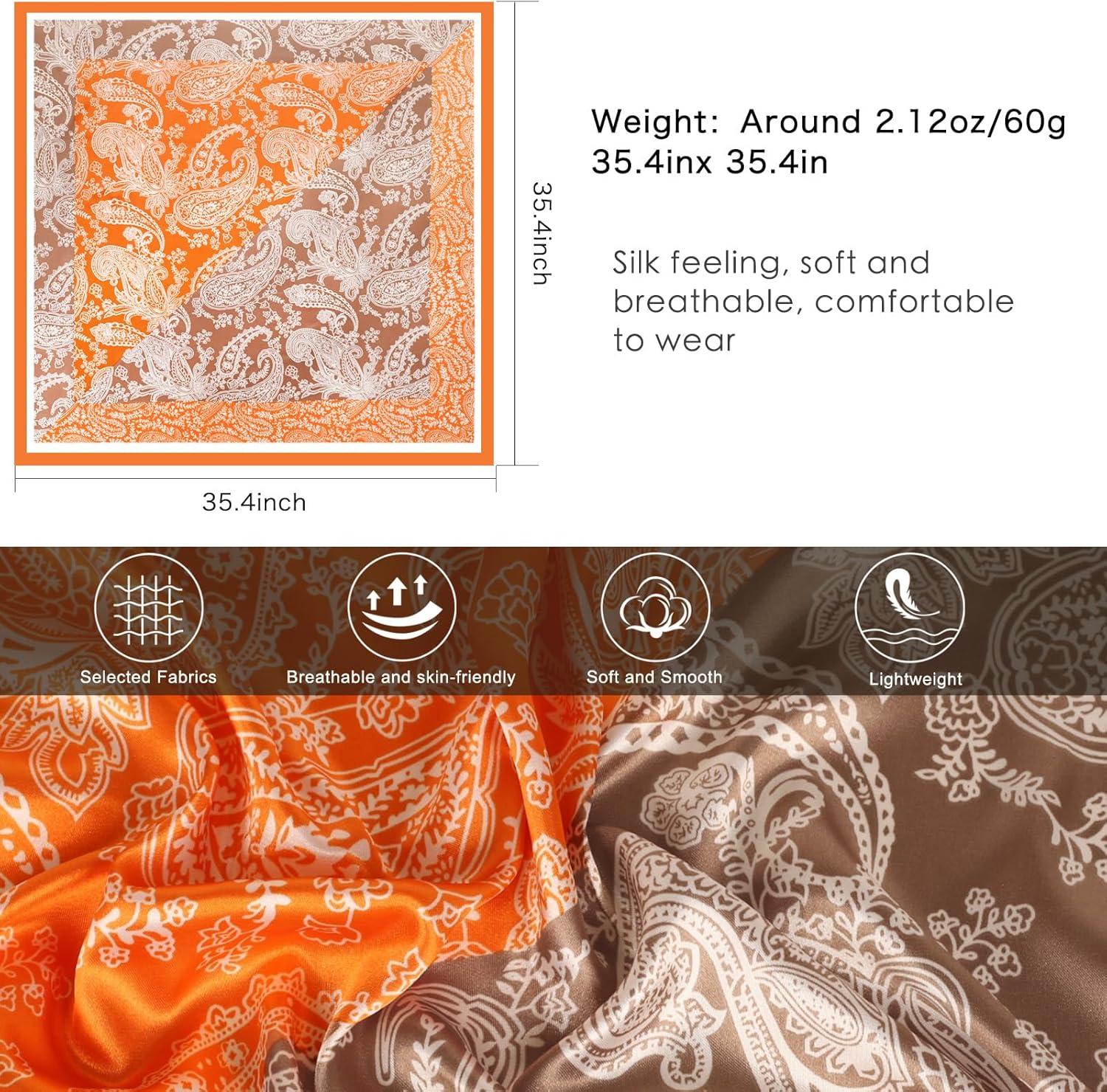 imageEXTREE Luxury Satin Head Scarf 35x35  Silklike Wrap for Women Versatile ShawlSun CoverWrapping Premium Gift for HerKhaki and Orange Forest