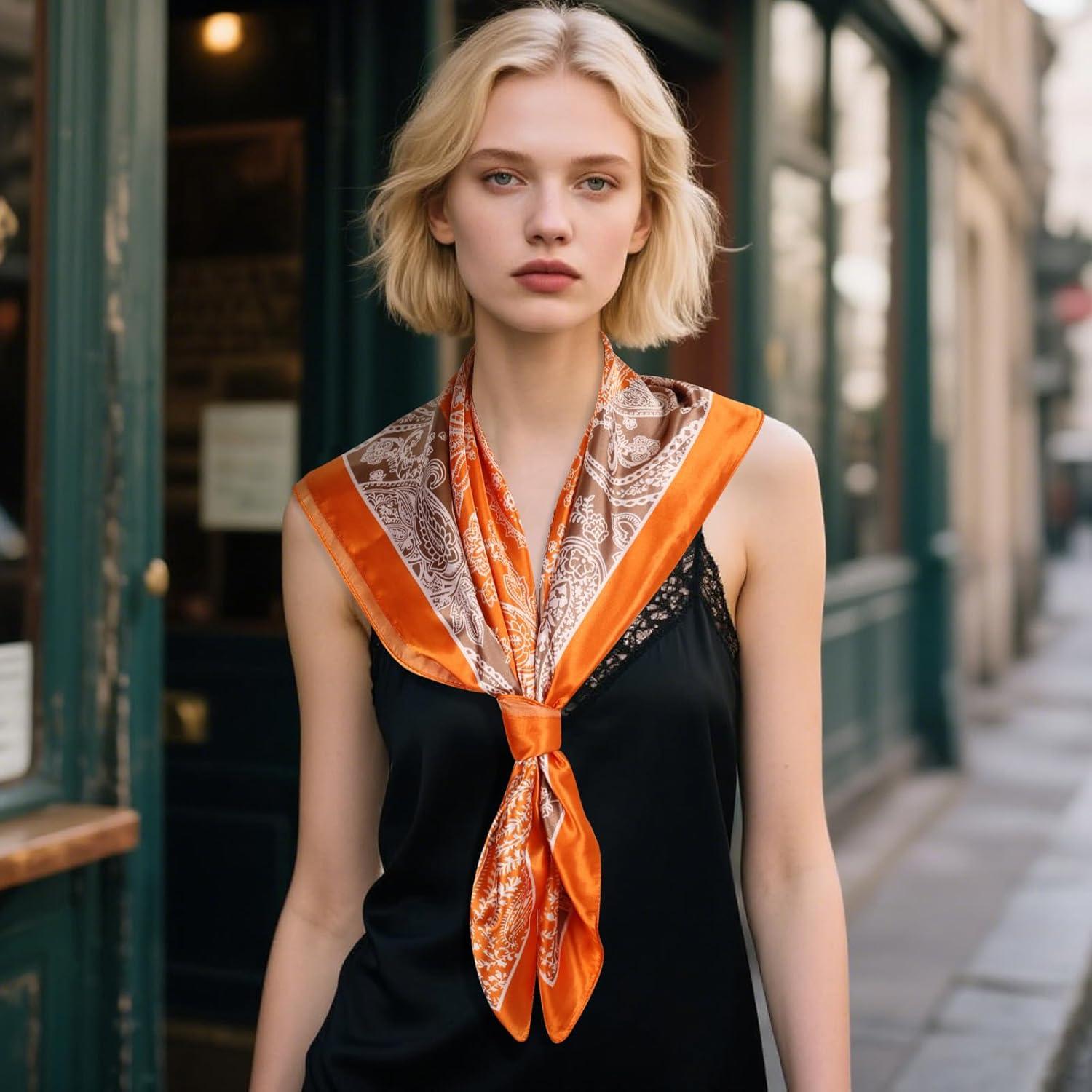 imageEXTREE Luxury Satin Head Scarf 35x35  Silklike Wrap for Women Versatile ShawlSun CoverWrapping Premium Gift for HerKhaki and Orange Forest