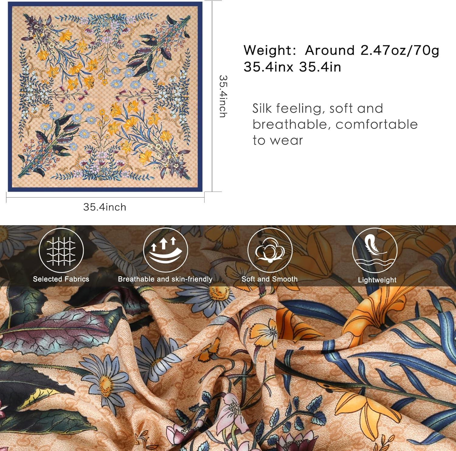 imageEXTREE Luxury Satin Head Scarf 35x35  Silklike Wrap for Women Versatile ShawlSun CoverWrapping Premium Gift for HerLetter Zou Ju  Khaki Blue Edge