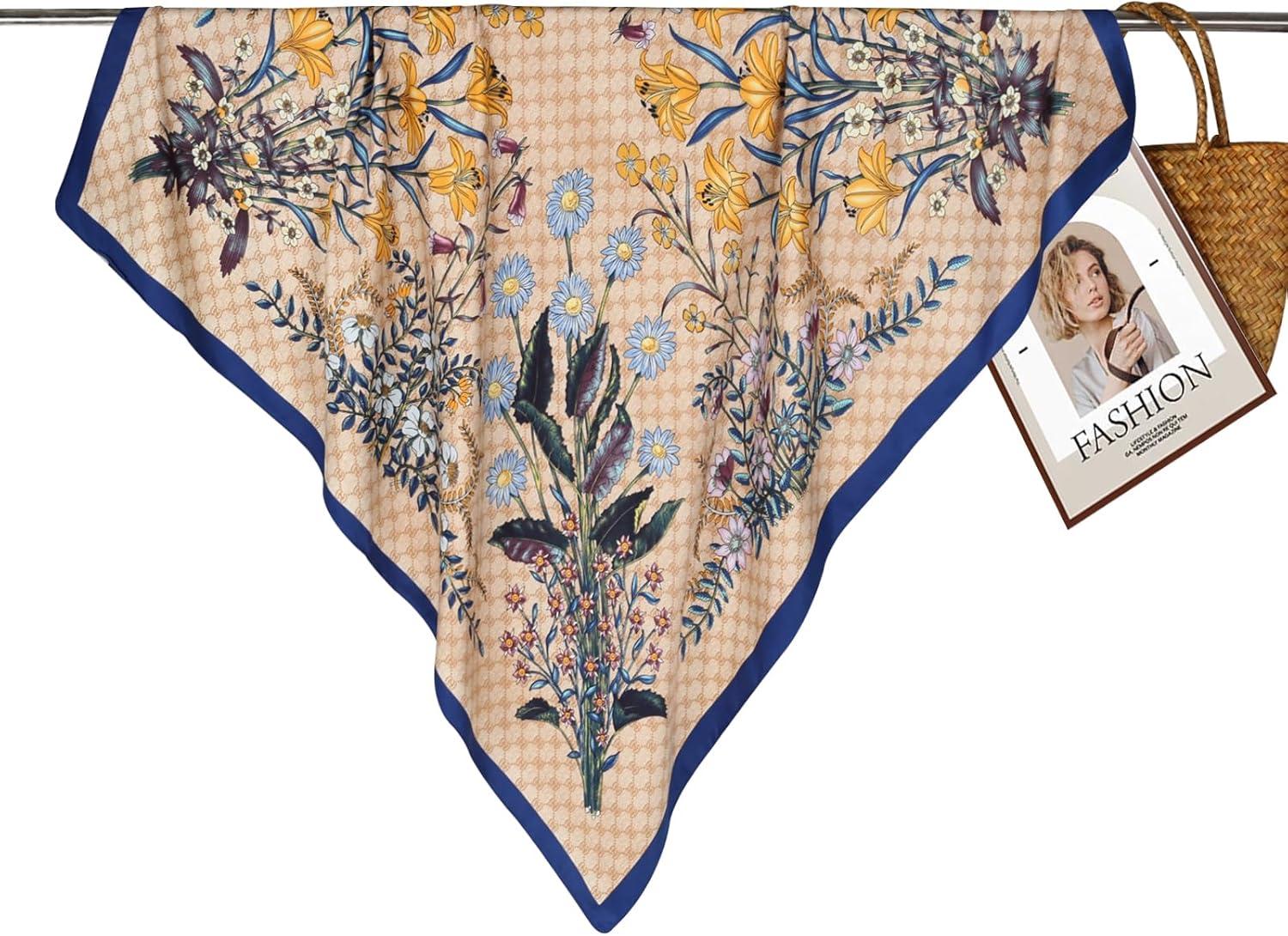 imageEXTREE Luxury Satin Head Scarf 35x35  Silklike Wrap for Women Versatile ShawlSun CoverWrapping Premium Gift for HerLetter Zou Ju  Khaki Blue Edge