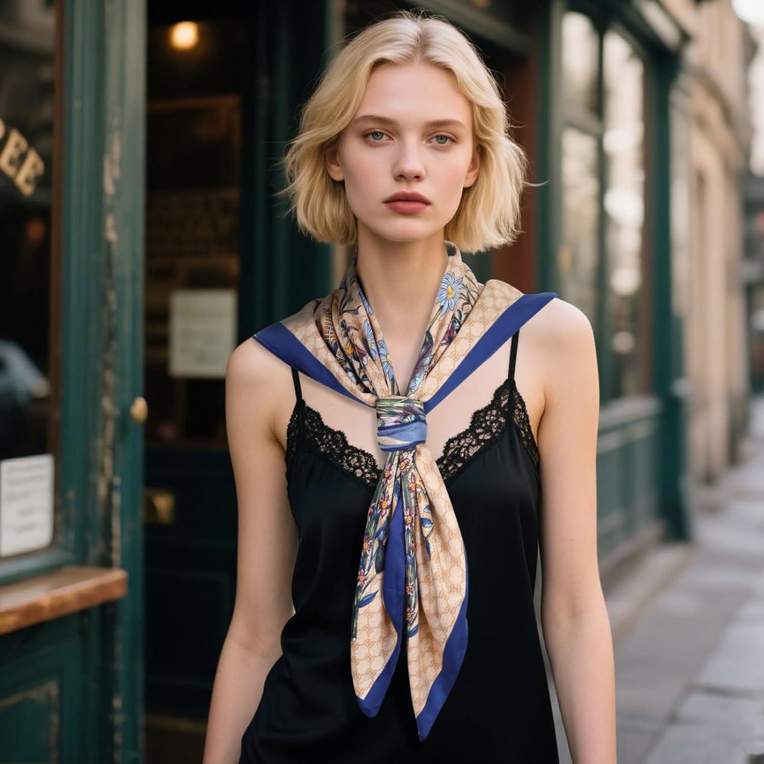 imageEXTREE Luxury Satin Head Scarf 35x35  Silklike Wrap for Women Versatile ShawlSun CoverWrapping Premium Gift for HerLetter Zou Ju  Khaki Blue Edge