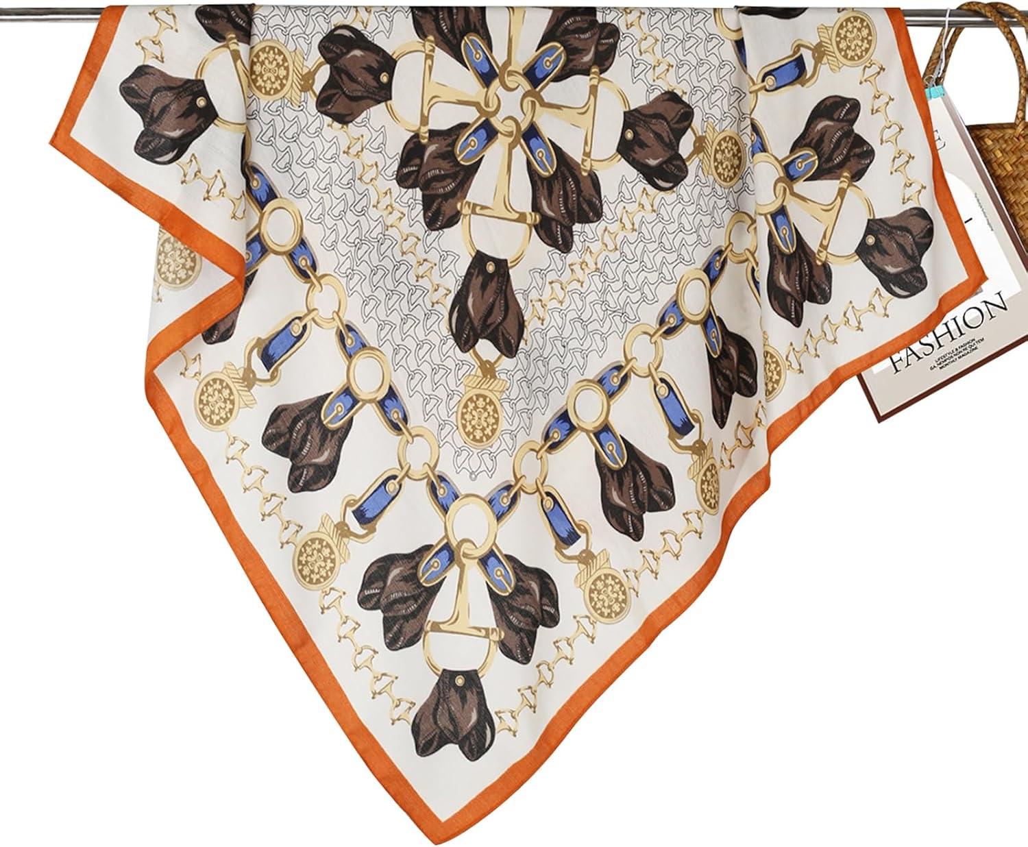 imageEXTREE Luxury Satin Head Scarf 35x35  Silklike Wrap for Women Versatile ShawlSun CoverWrapping Premium Gift for HerOrange and White Saddle Buckle