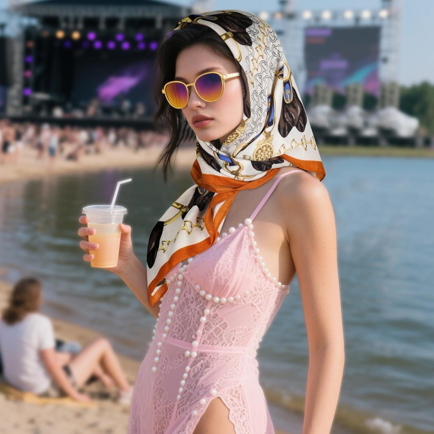 imageEXTREE Luxury Satin Head Scarf 35x35  Silklike Wrap for Women Versatile ShawlSun CoverWrapping Premium Gift for HerOrange and White Saddle Buckle