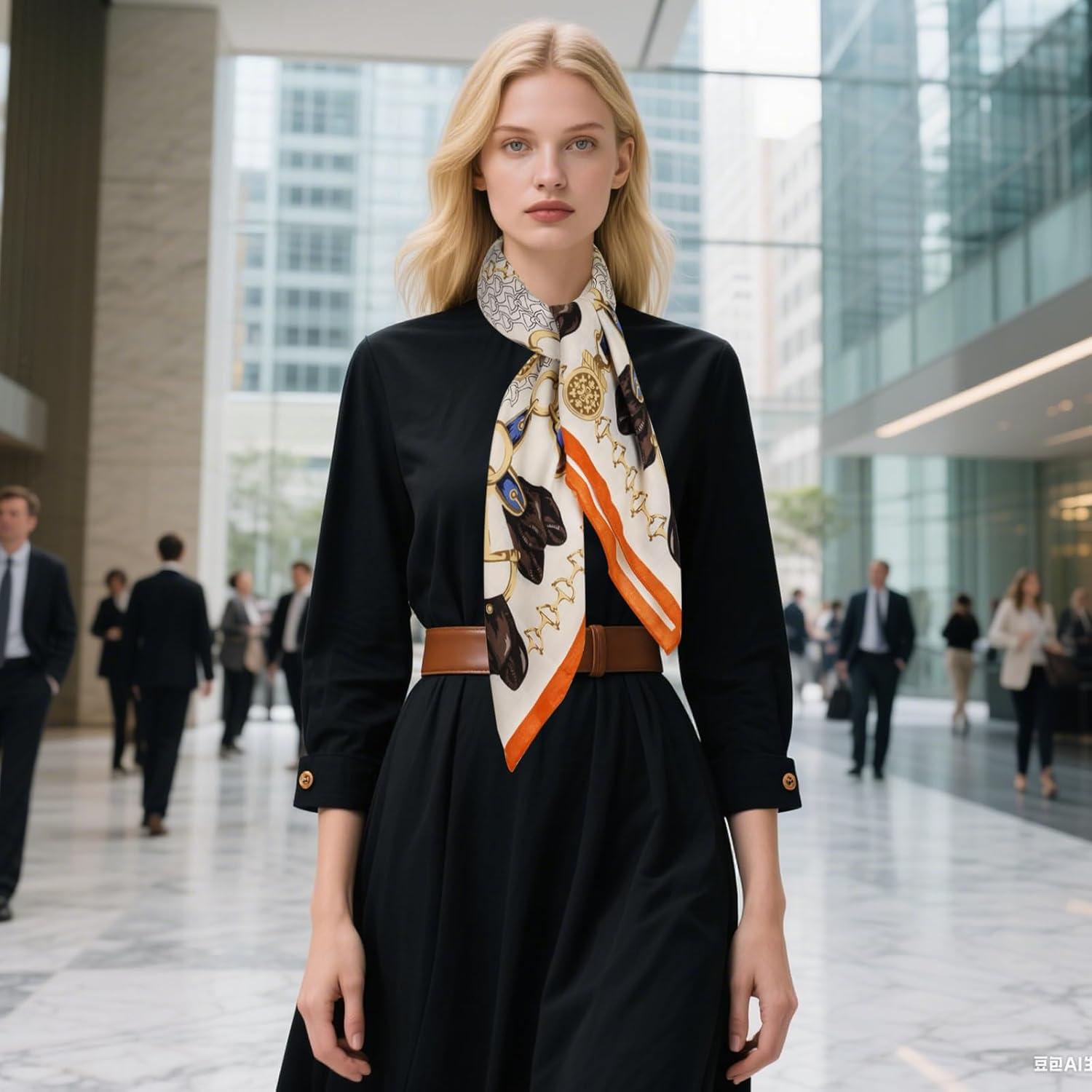 imageEXTREE Luxury Satin Head Scarf 35x35  Silklike Wrap for Women Versatile ShawlSun CoverWrapping Premium Gift for HerOrange and White Saddle Buckle