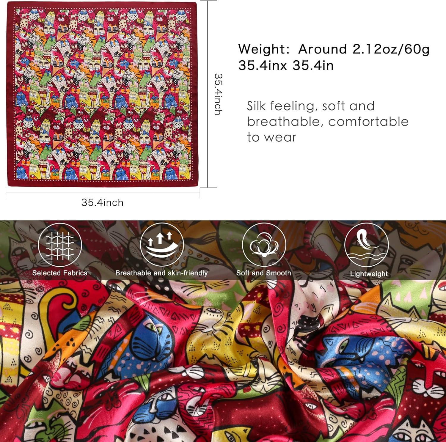 imageEXTREE Luxury Satin Head Scarf 35x35  Silklike Wrap for Women Versatile ShawlSun CoverWrapping Premium Gift for HerRainbow Cat