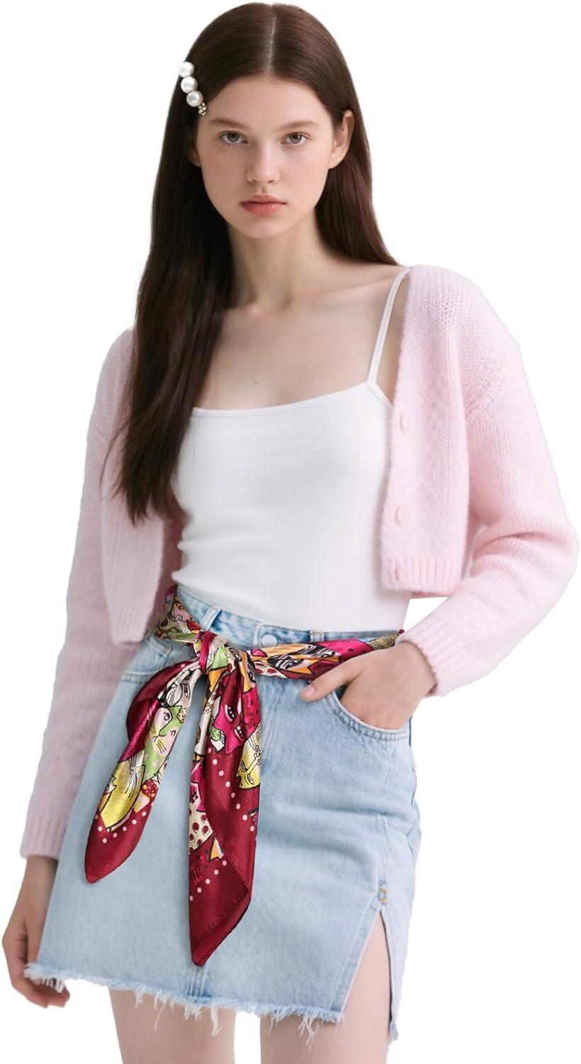 imageEXTREE Luxury Satin Head Scarf 35x35  Silklike Wrap for Women Versatile ShawlSun CoverWrapping Premium Gift for HerRainbow Cat