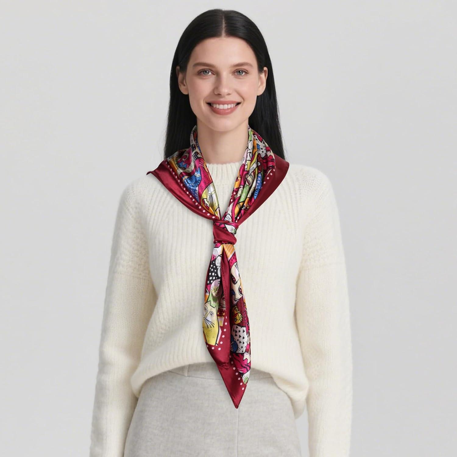 imageEXTREE Luxury Satin Head Scarf 35x35  Silklike Wrap for Women Versatile ShawlSun CoverWrapping Premium Gift for HerRainbow Cat