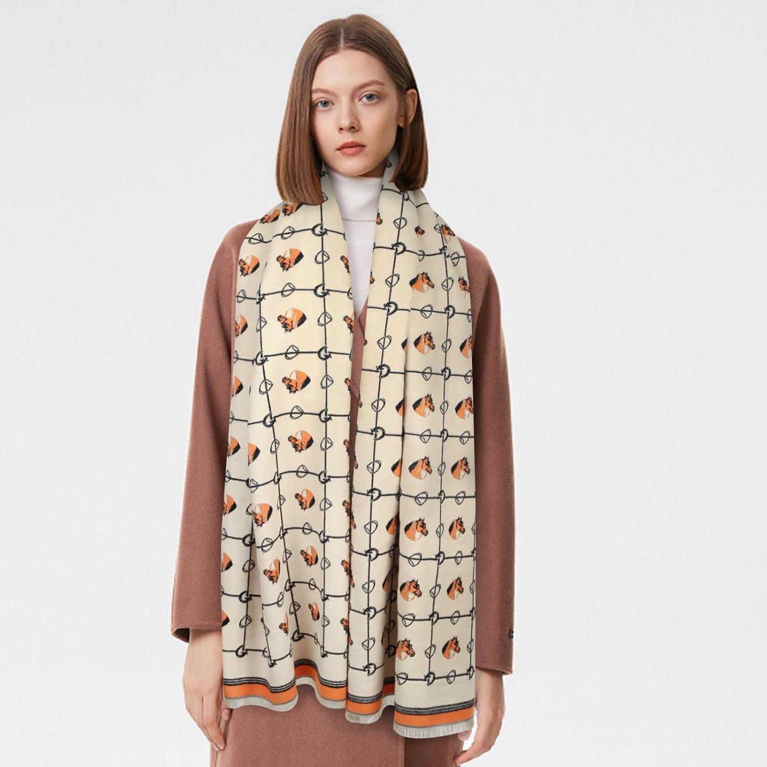 imageEXTREE Scarfs for Women Pashmina Silky Shawl Wrap for Evening Dressing Blanket Open Front Poncho CapeA Orange Grid Pony Head