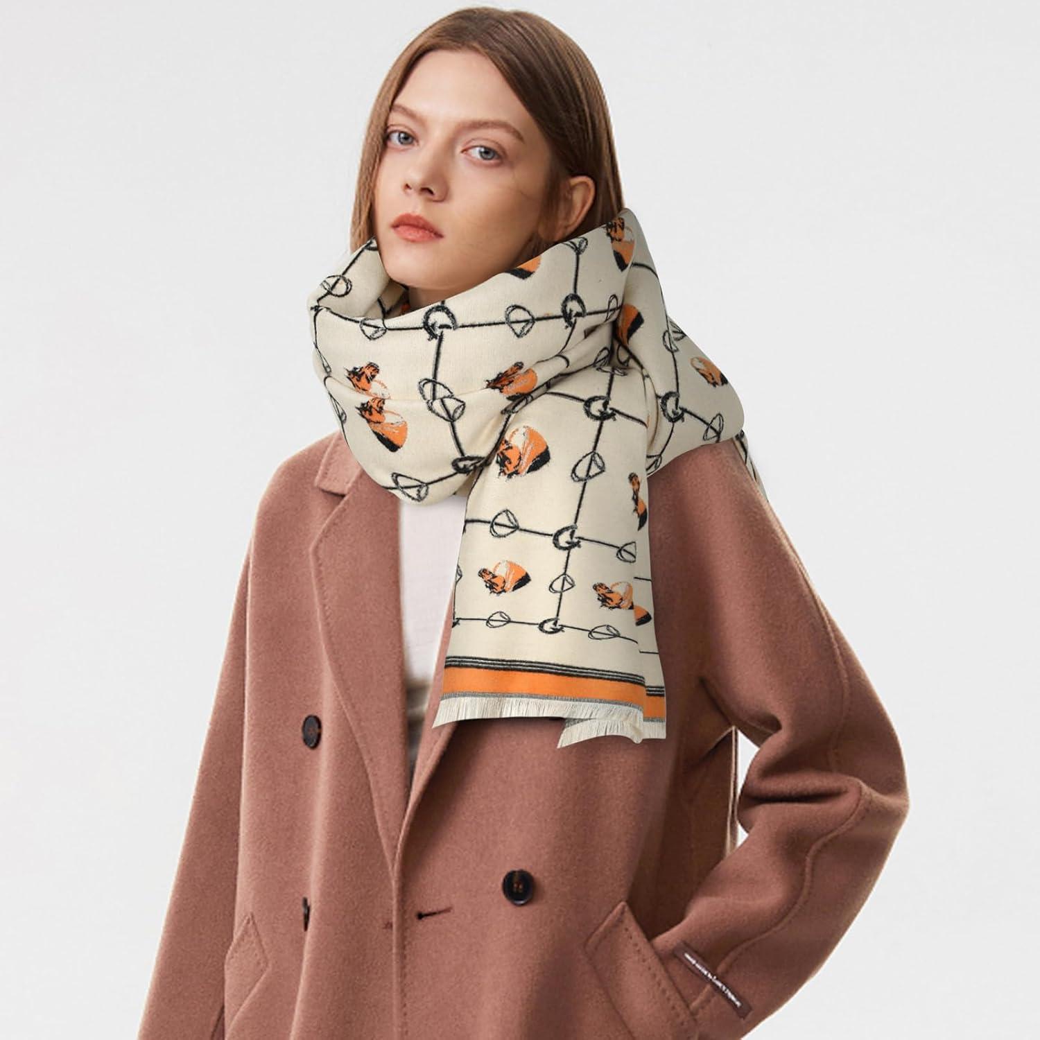 imageEXTREE Scarfs for Women Pashmina Silky Shawl Wrap for Evening Dressing Blanket Open Front Poncho CapeA Orange Grid Pony Head